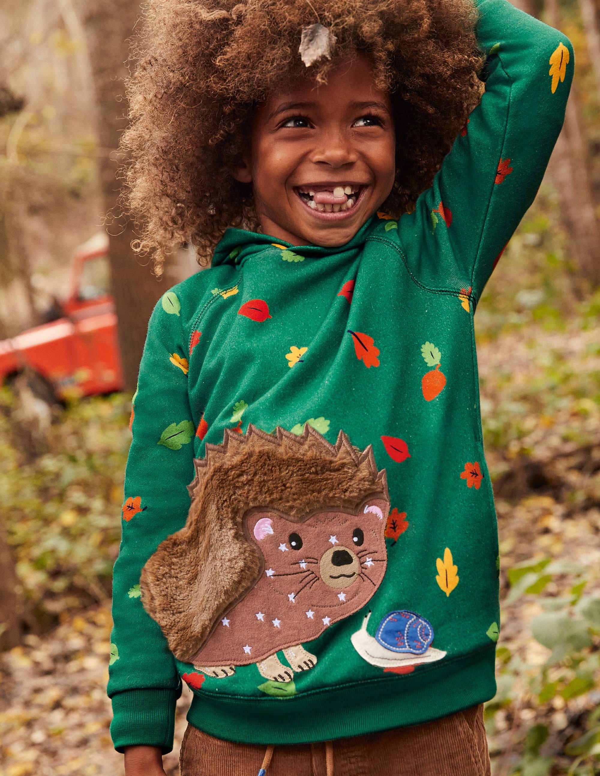 Patchwork Appliqué Hoodie-Forest Green Hedgehog - Image 4