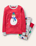 Cosy Appliqué Long  Pajamas-Rockabilly Red/Grey Snowman