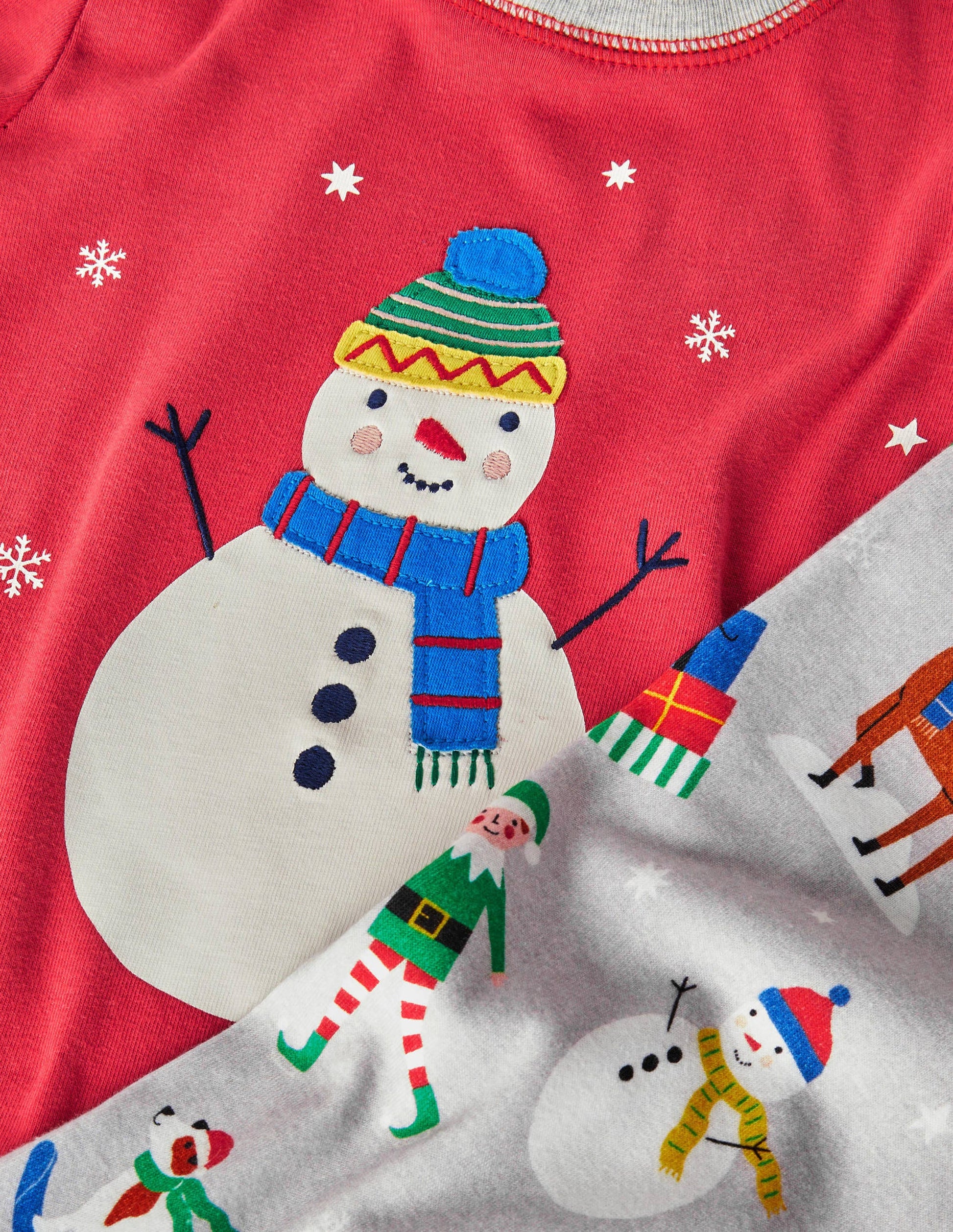 Cosy Appliqué Long  Pajamas-Rockabilly Red/Grey Snowman-3
