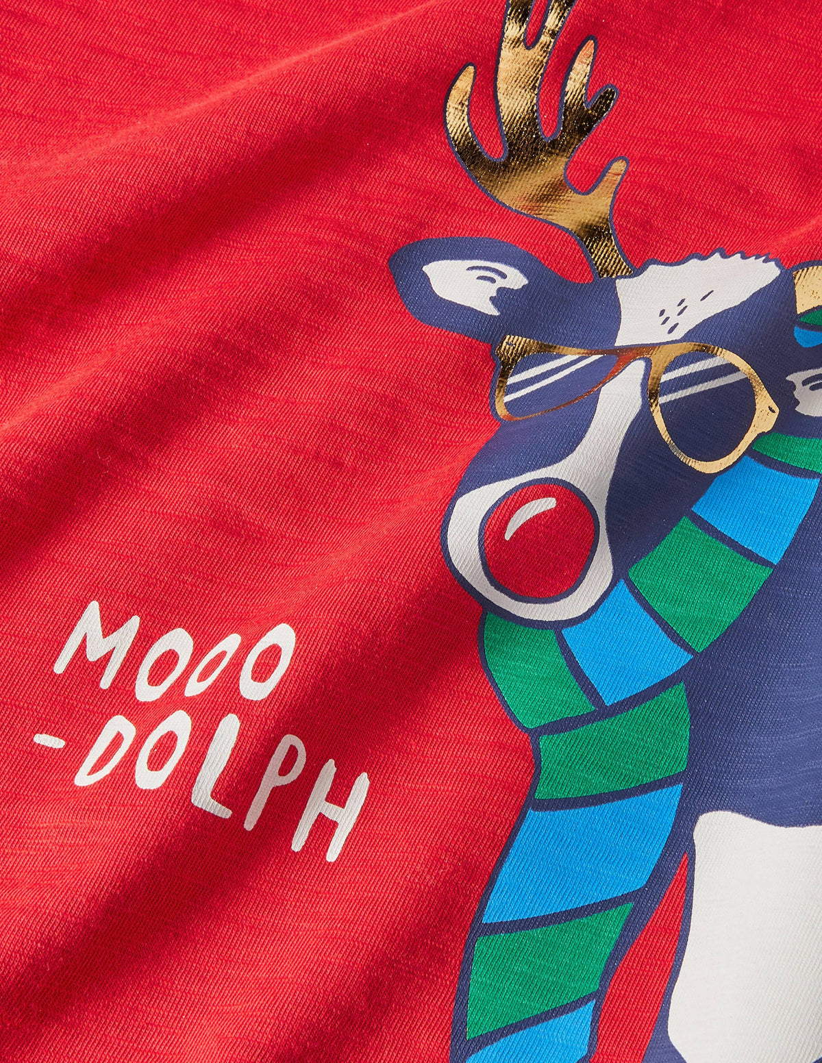 Festive Pun T-shirt-Rockabilly Red/Navy Moo-Dolph - Image 3