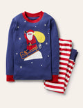 Cosy Appliqué Long  Pajamas-Starboard Blue Santa