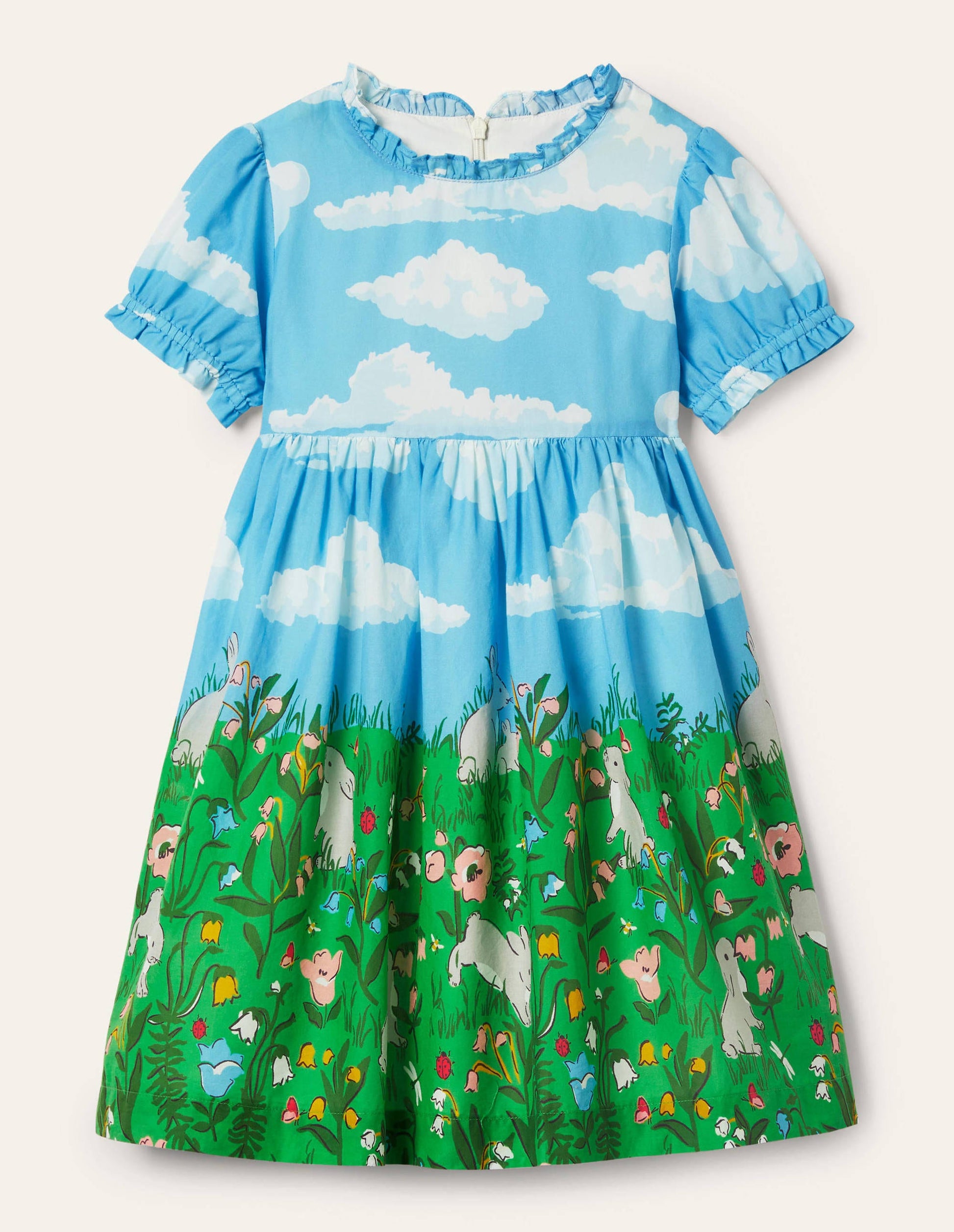 Frill Neck Woven Dress-Multi Bunny Scene-1