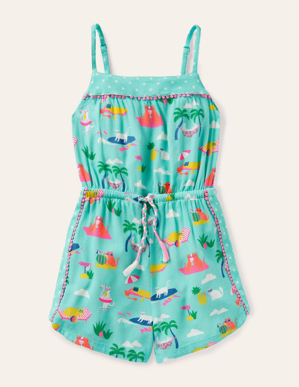 Woven Vacation Romper-Pool Blue Holiday Cats-1