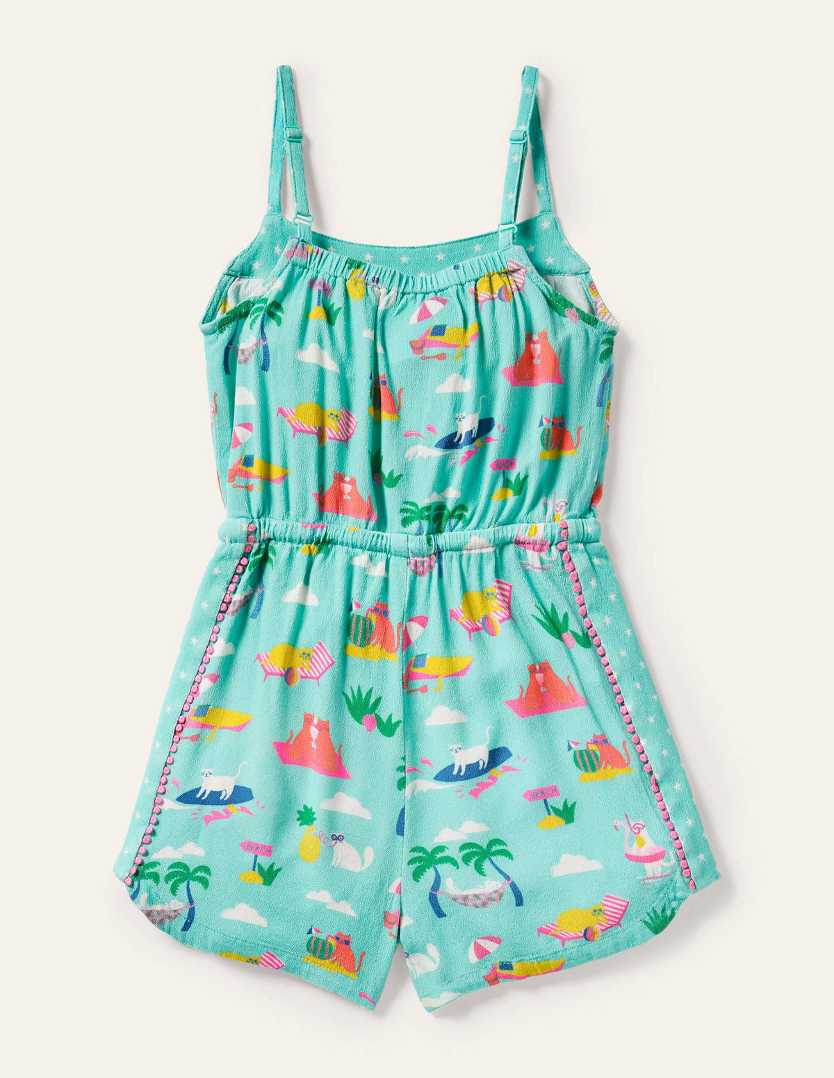 Woven Vacation Romper-Pool Blue Holiday Cats-2
