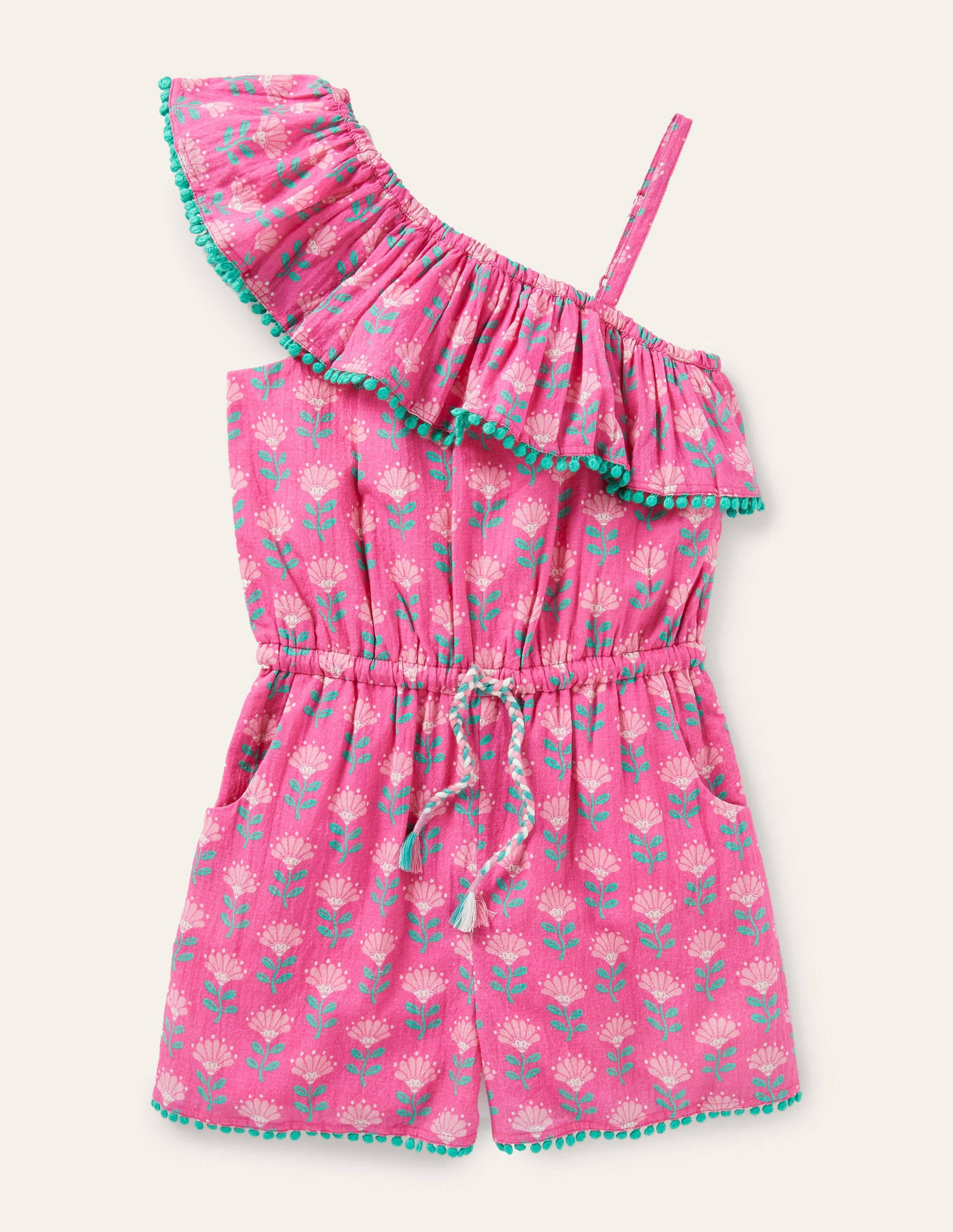 One Shoulder Tassel Romper-Tickled Pink Woodblock - Image 1