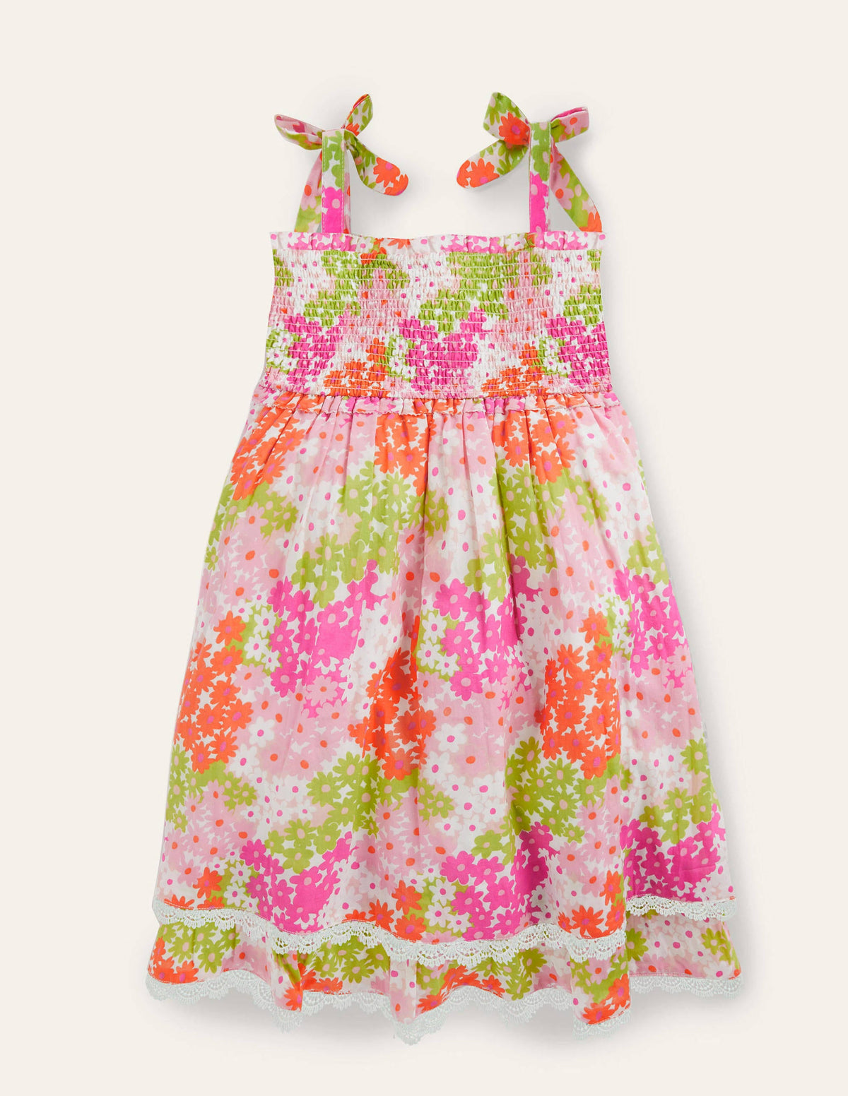 Lace Detail Printed Dress-Soft Coral Pink Summer Daisy-2