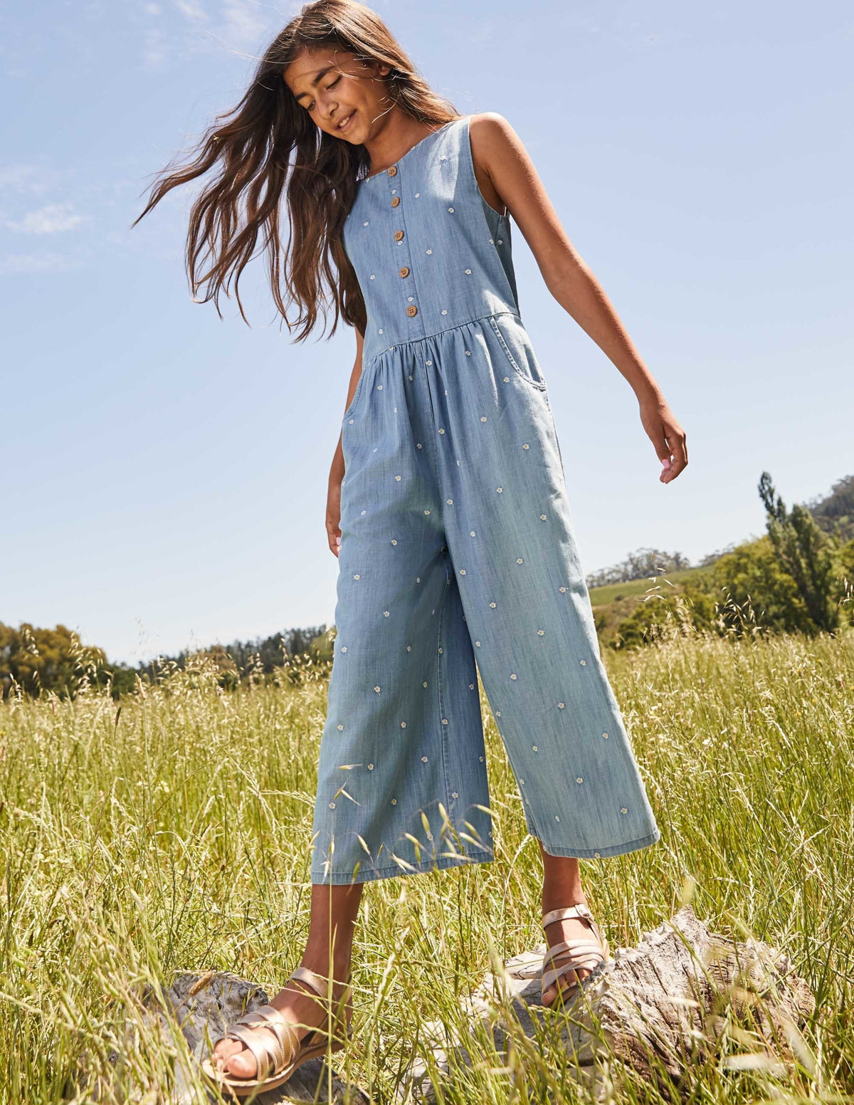 Embroidered Wide Leg Jumpsuit-Chambray Daisy Chain - Image 4