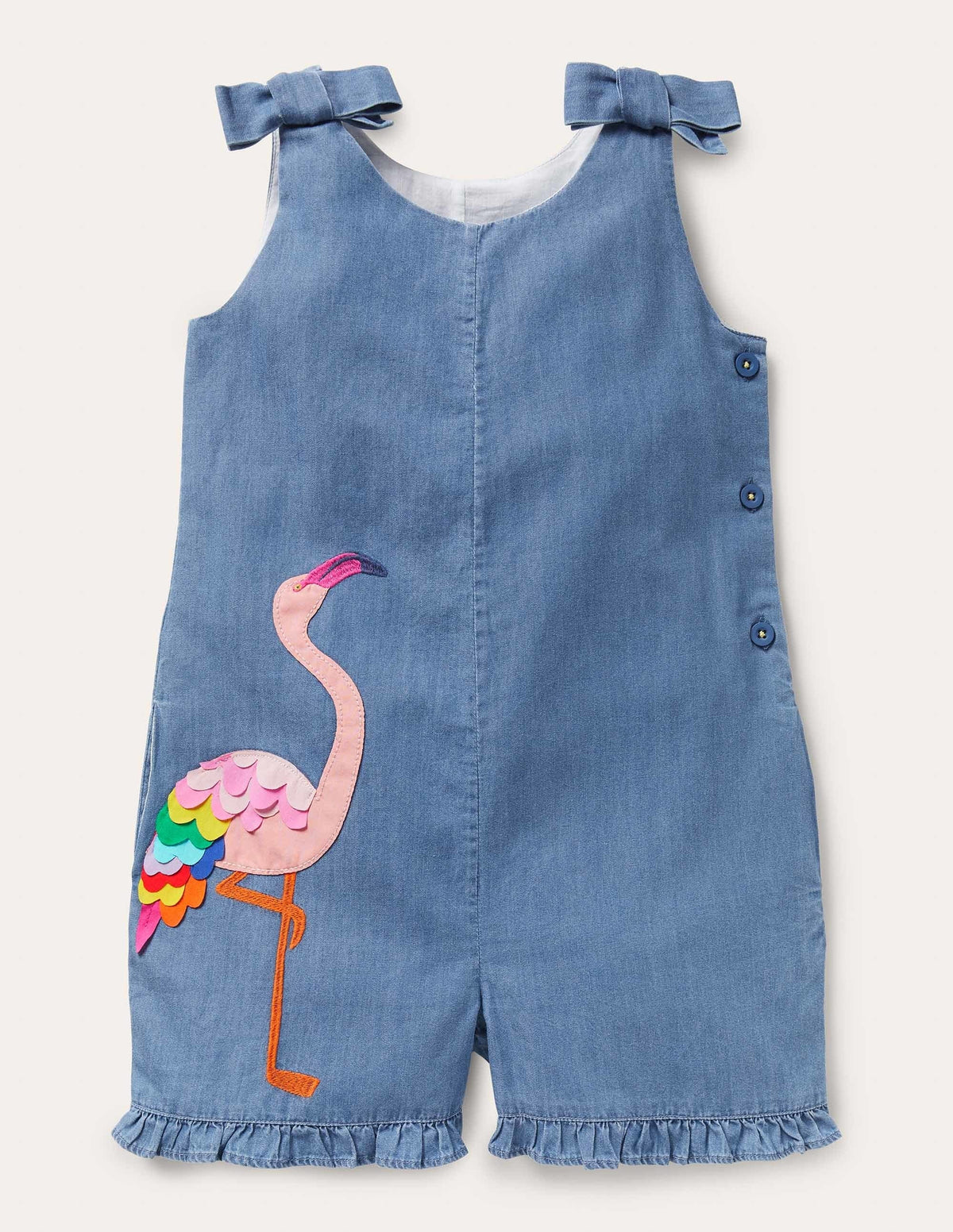 Tie Shoulder Frill Romper-Chambray Flamingo-1