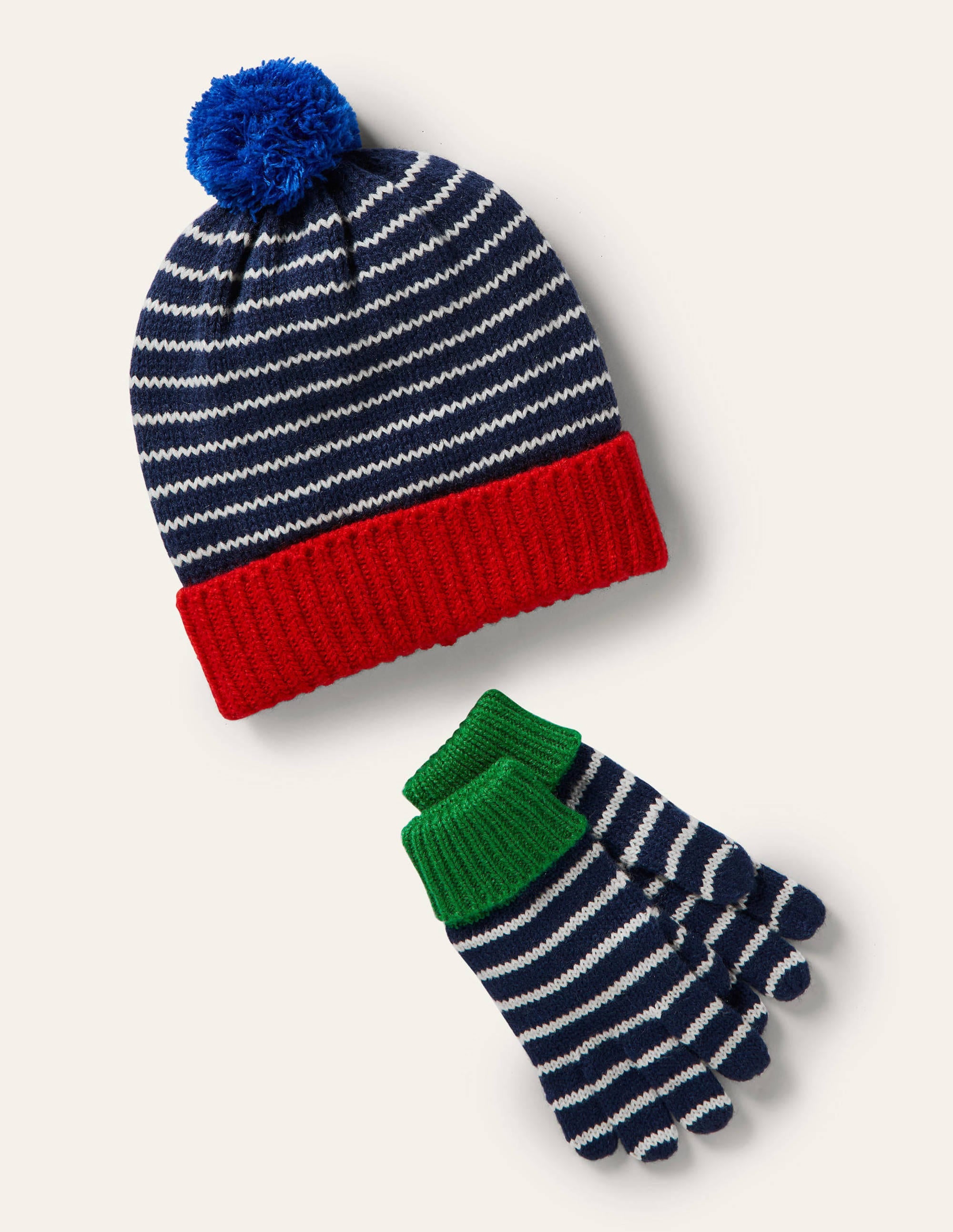 Knitted Striped Hat and Gloves-College Navy/Ivory - Image 1