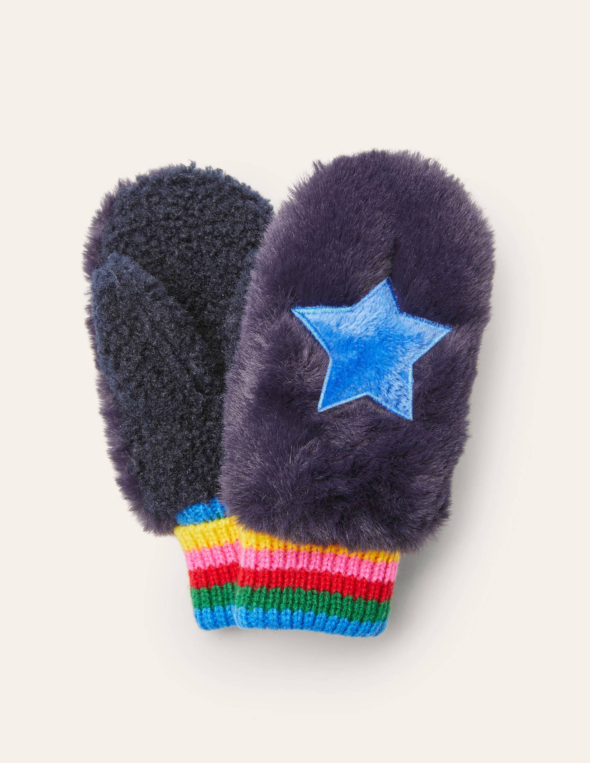 Faux Fur Mittens-College Navy Rainbow - Image 1