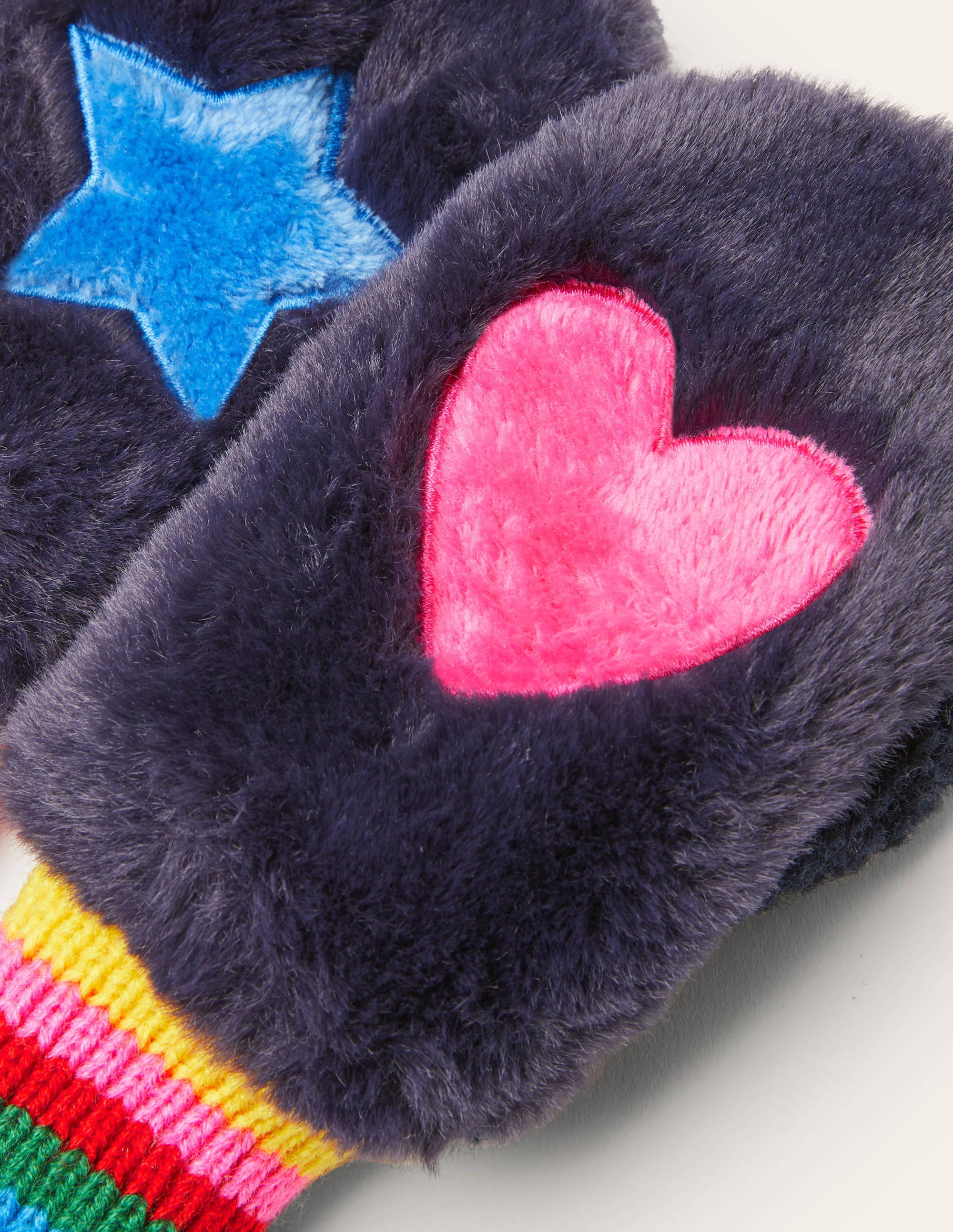 Faux Fur Mittens-College Navy Rainbow - Image 2