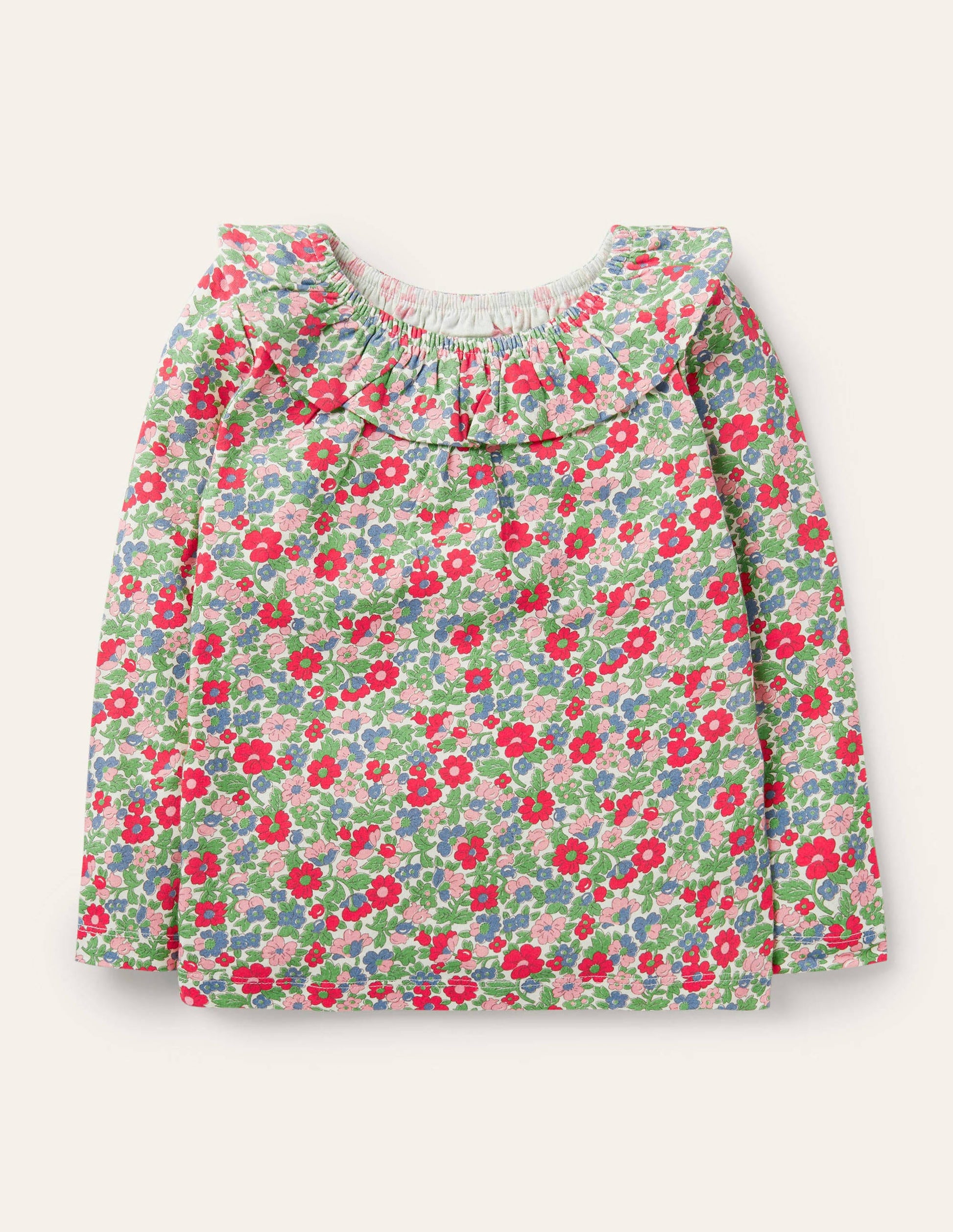 Ruffle Neck Jersey Top-Multi Vintage Bloom Floral-1