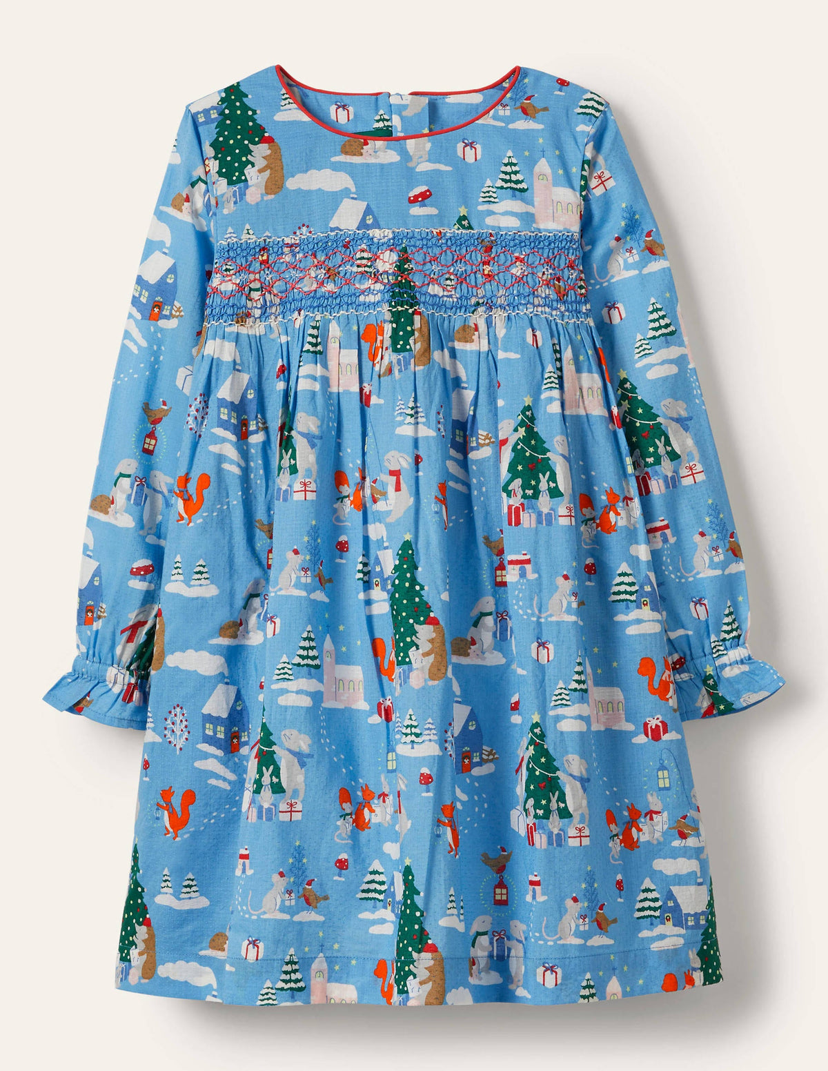 Smocked Dress-Blue Woodland Christmas-1