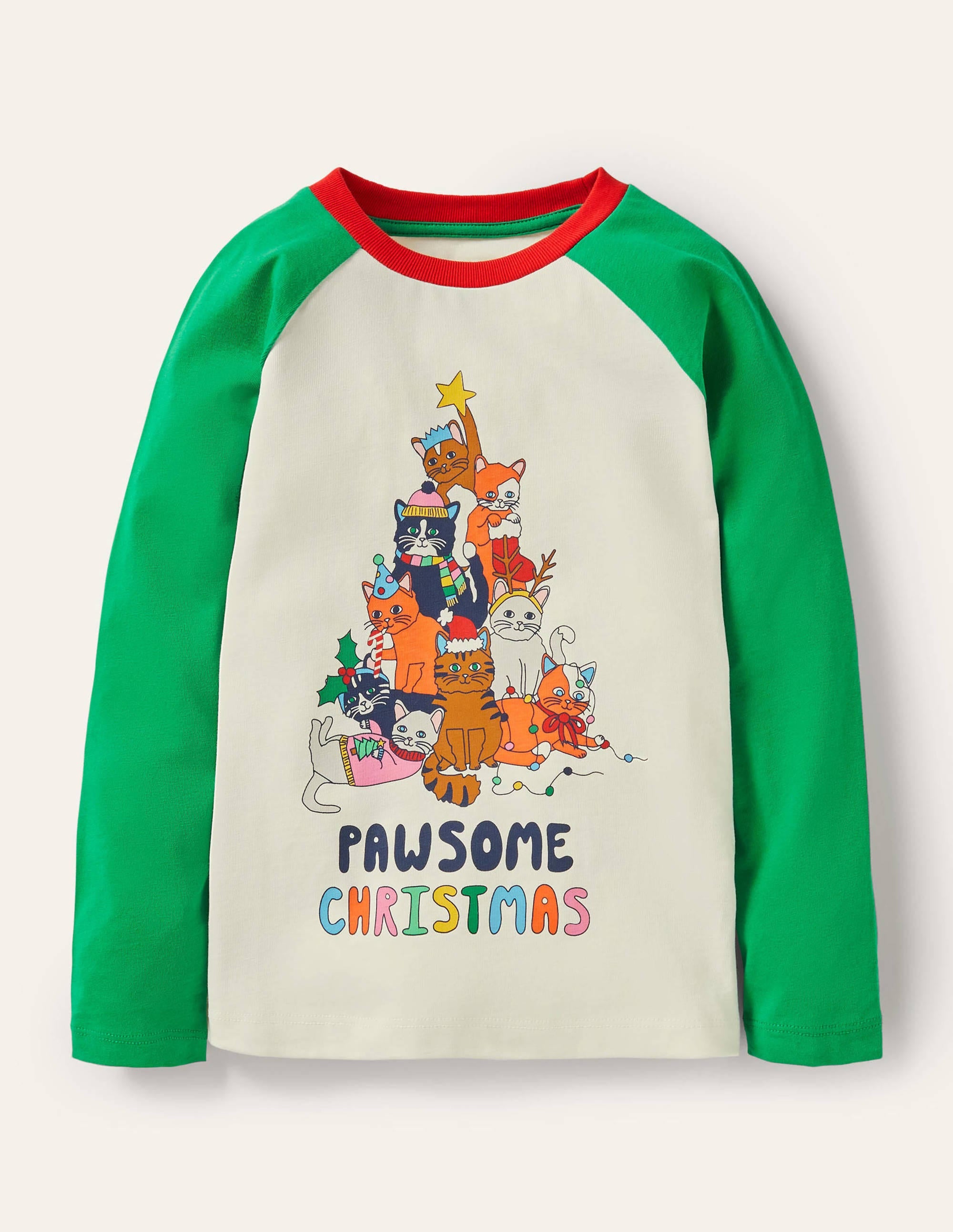 Raglan Festive Printed T-shirt-Green Pawsome Christmas - Image 1