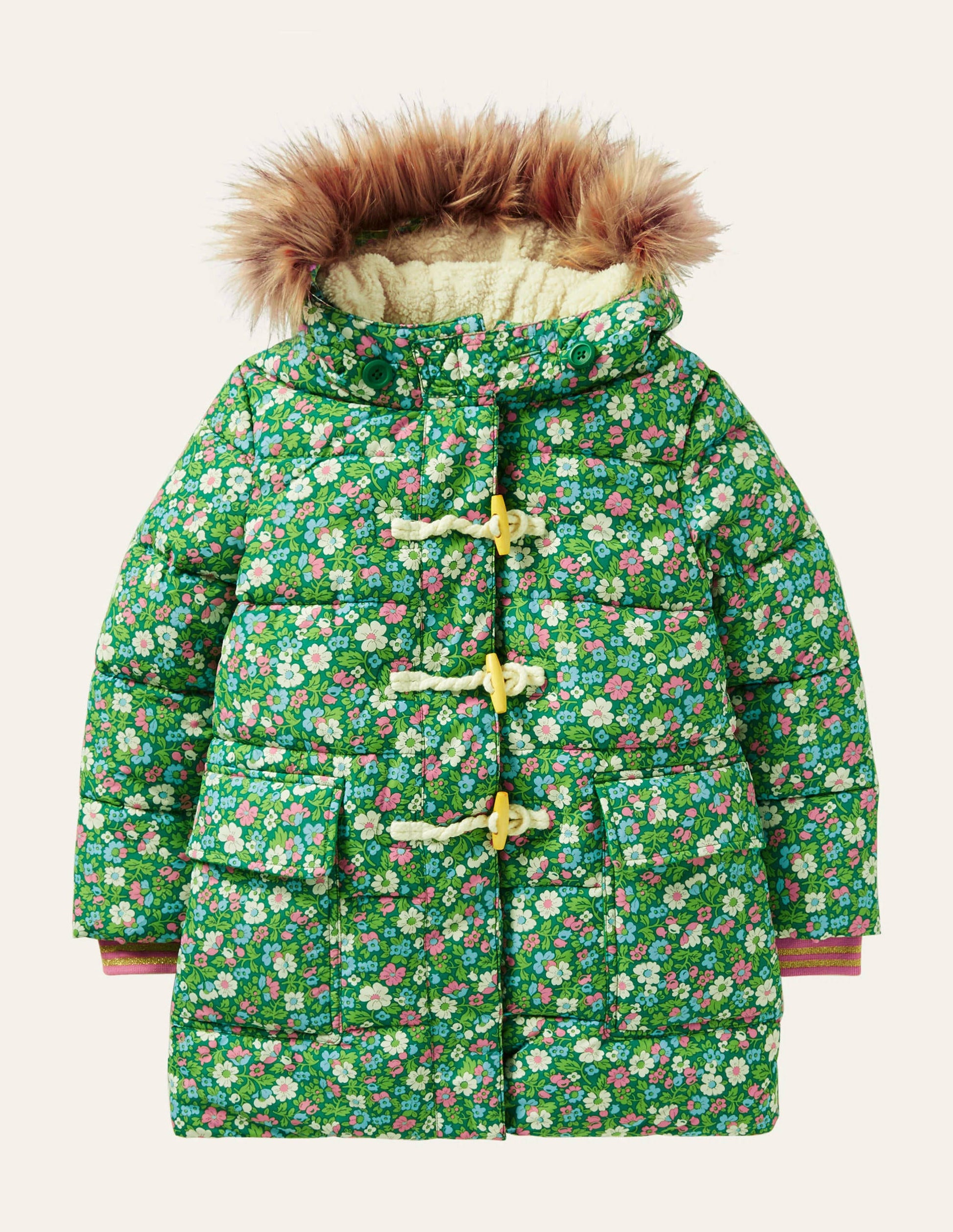 Longline Padded Jacket-Forest Green Floral-1