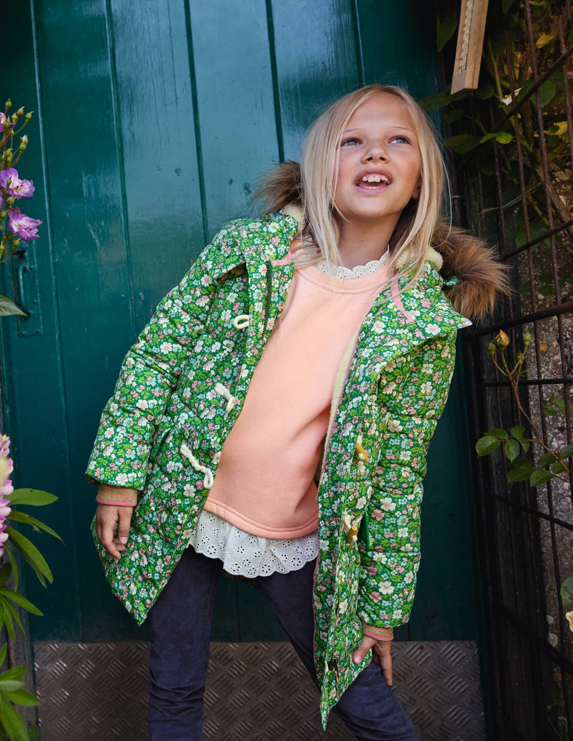 Longline Padded Jacket-Forest Green Floral - Image 4