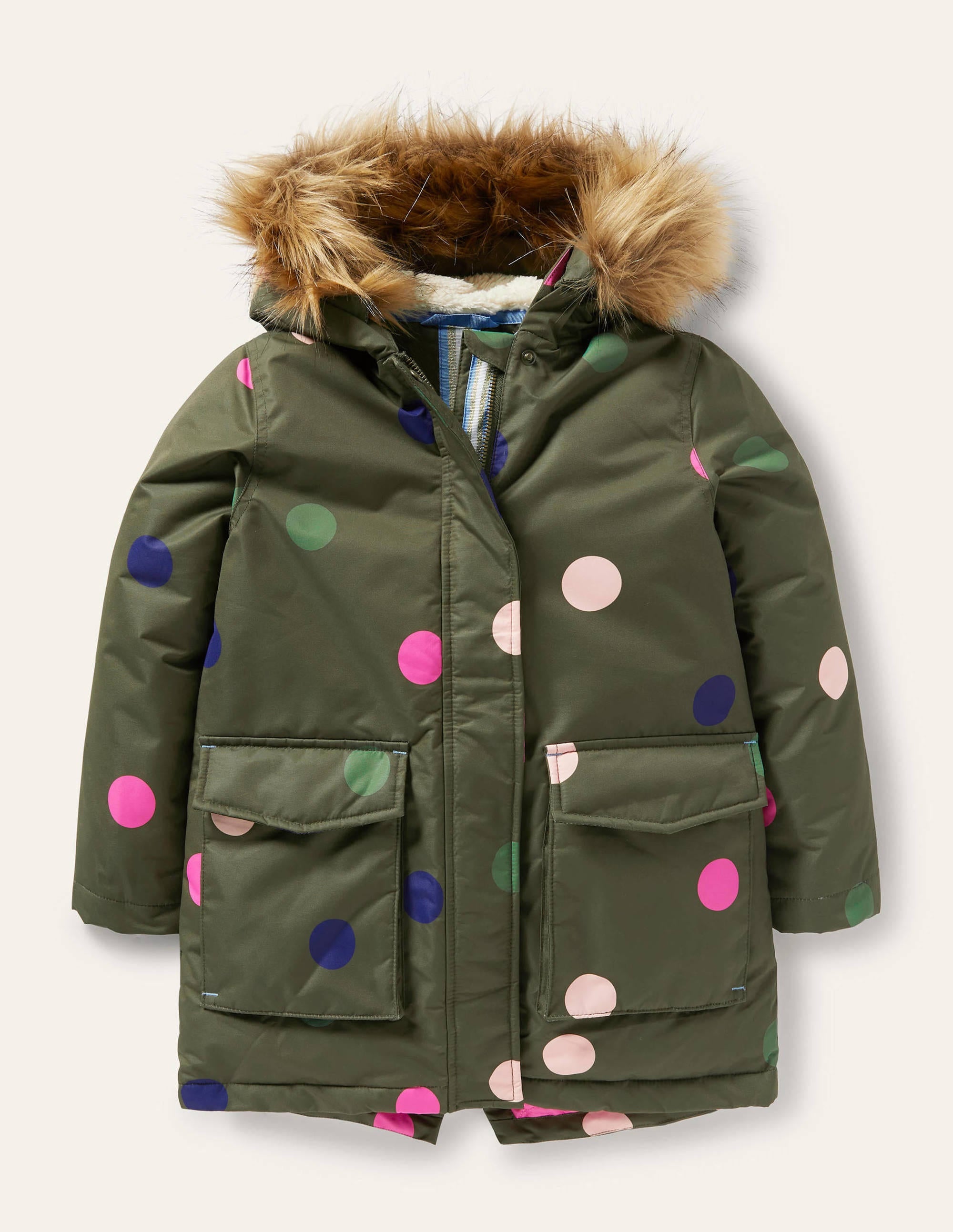 Cosy Waterproof Coat-Khaki Green Multi Spot - Image 1