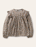 Floaty Printed Ruffle Top-Grey Marl Leopard Print