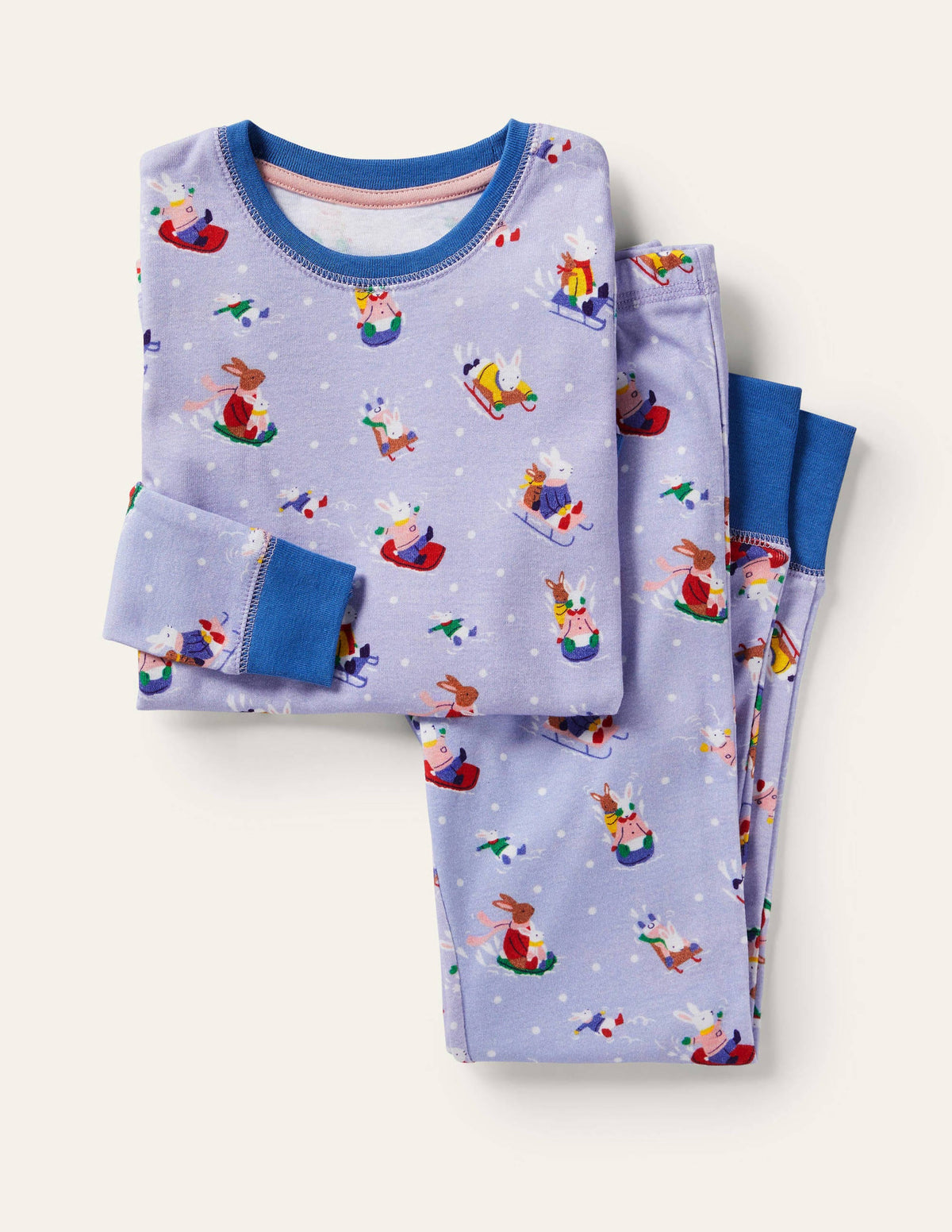 Snug Long John Pajamas-Winter Sky Blue Snow Bunnies-1