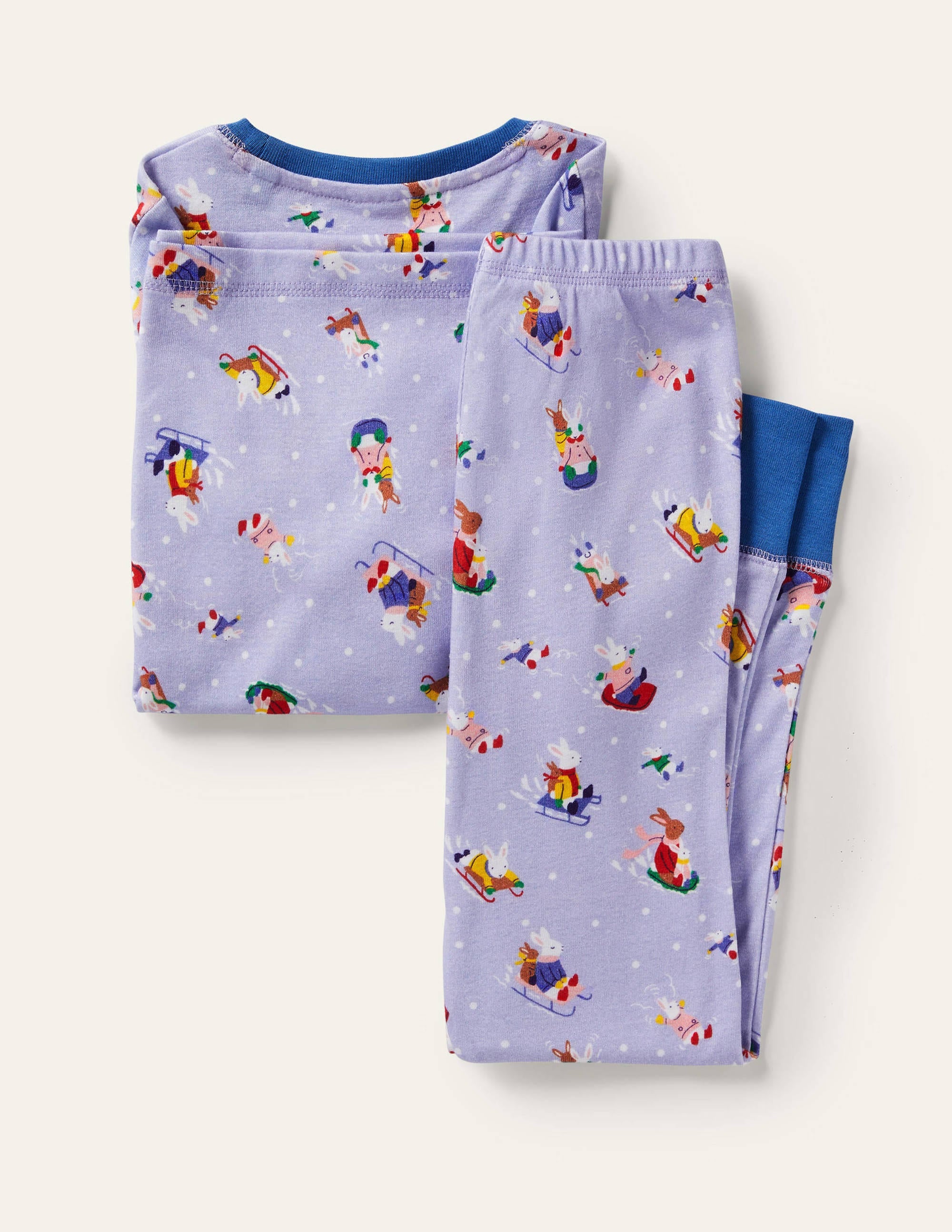 Snug Long John Pajamas-Winter Sky Blue Snow Bunnies - Image 2
