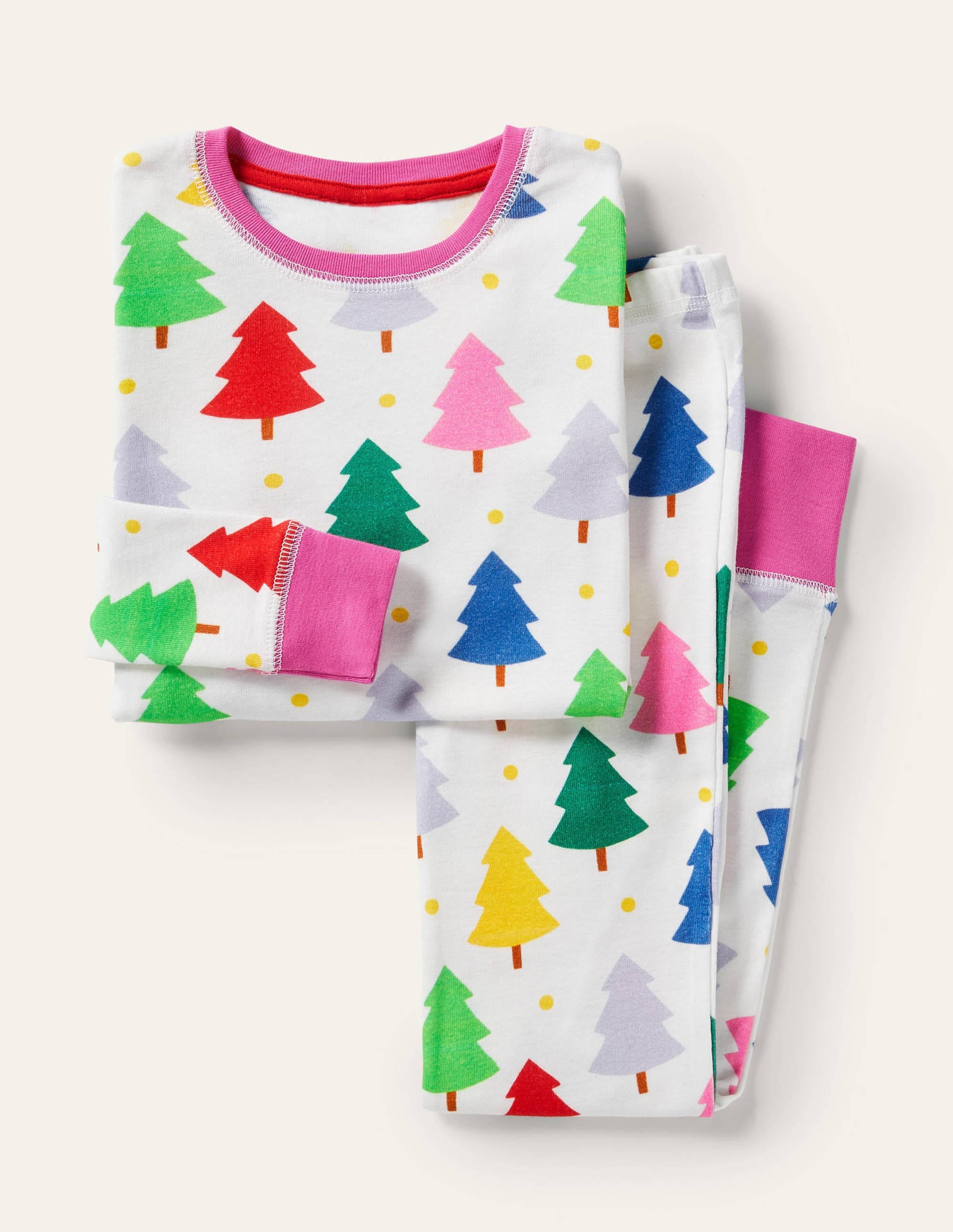 Snug Long John Pajamas-Ivory Rainbow Christmas Trees - Image 1