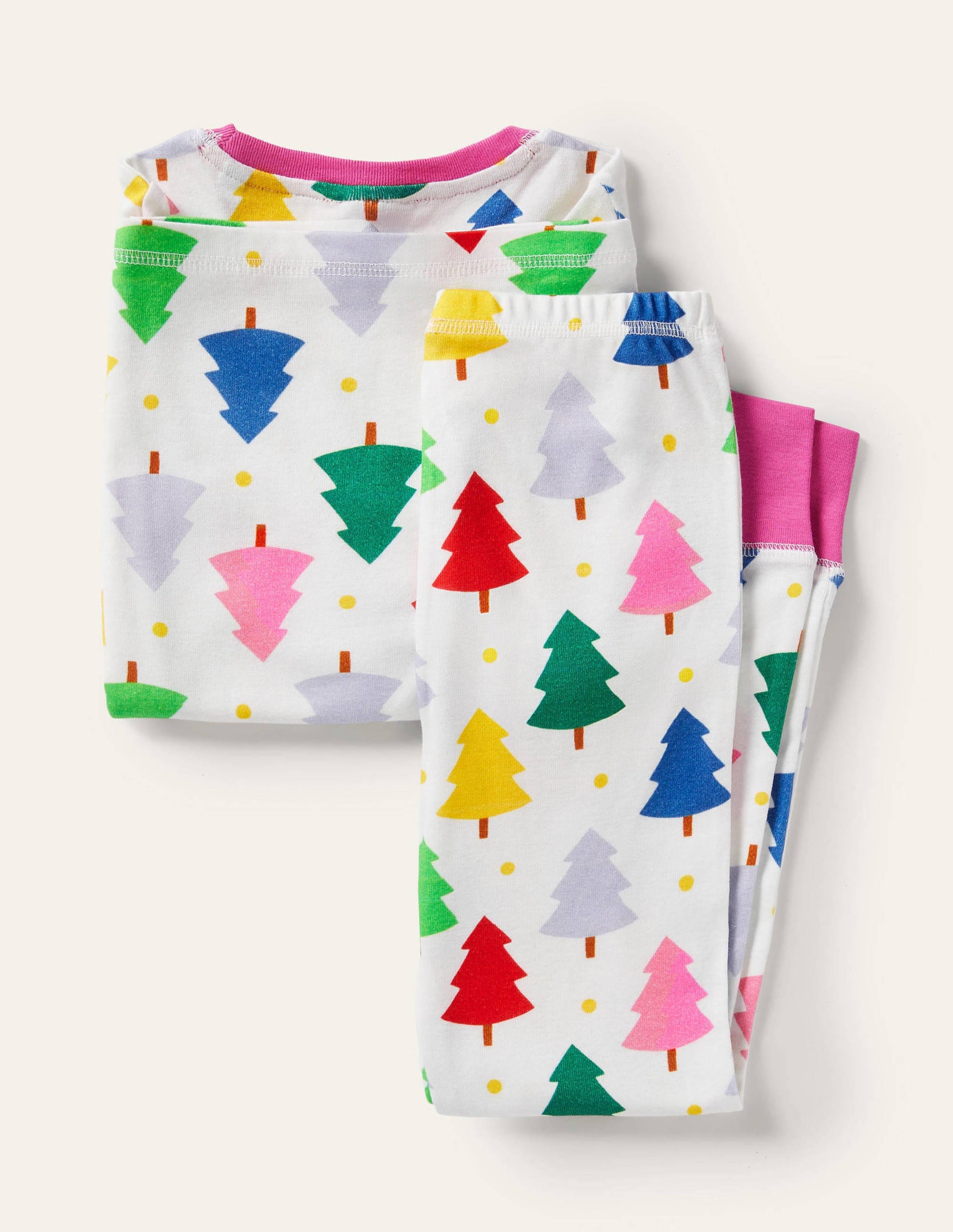 Snug Long John Pajamas-Ivory Rainbow Christmas Trees-2