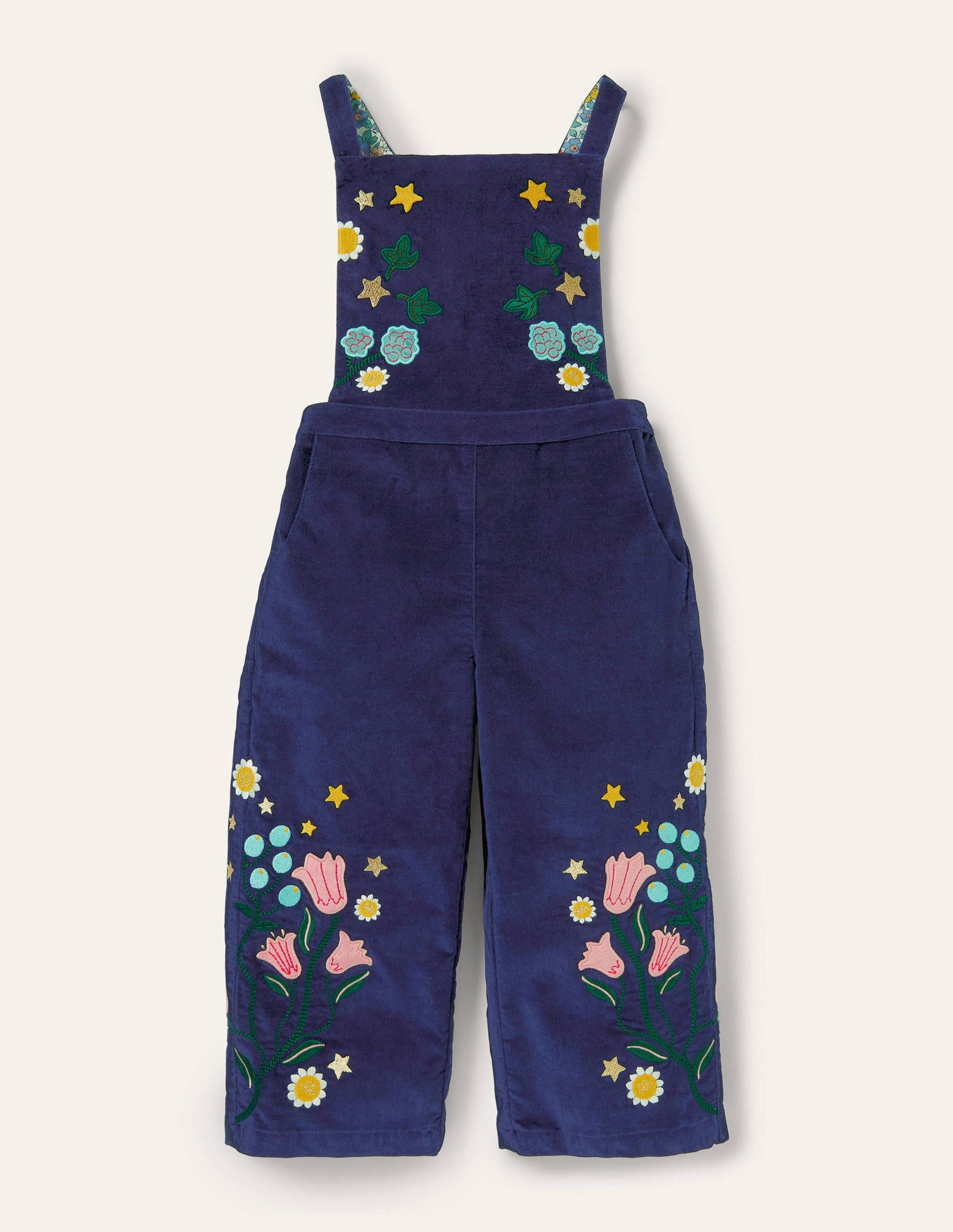 Embroidered Velvet Overalls-College Navy-1