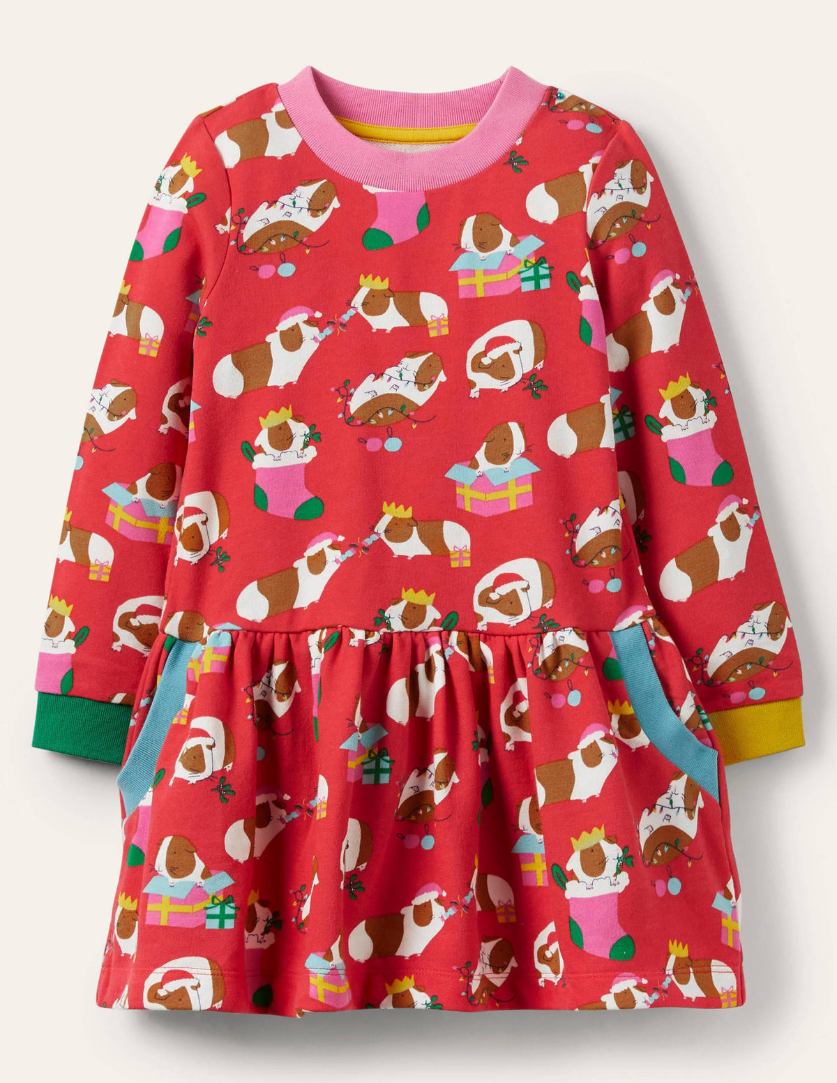 Cosy Printed Sweatshirt Dress-Red Festive Guinea Pigs-1