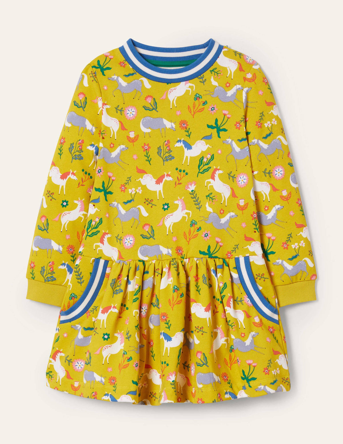 Cosy Printed Sweatshirt Dress-Sweetcorn Yellow Ponies - Image 1