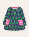 Printed Jersey Pocket Tunic-Starboard Blue Christmas Trees