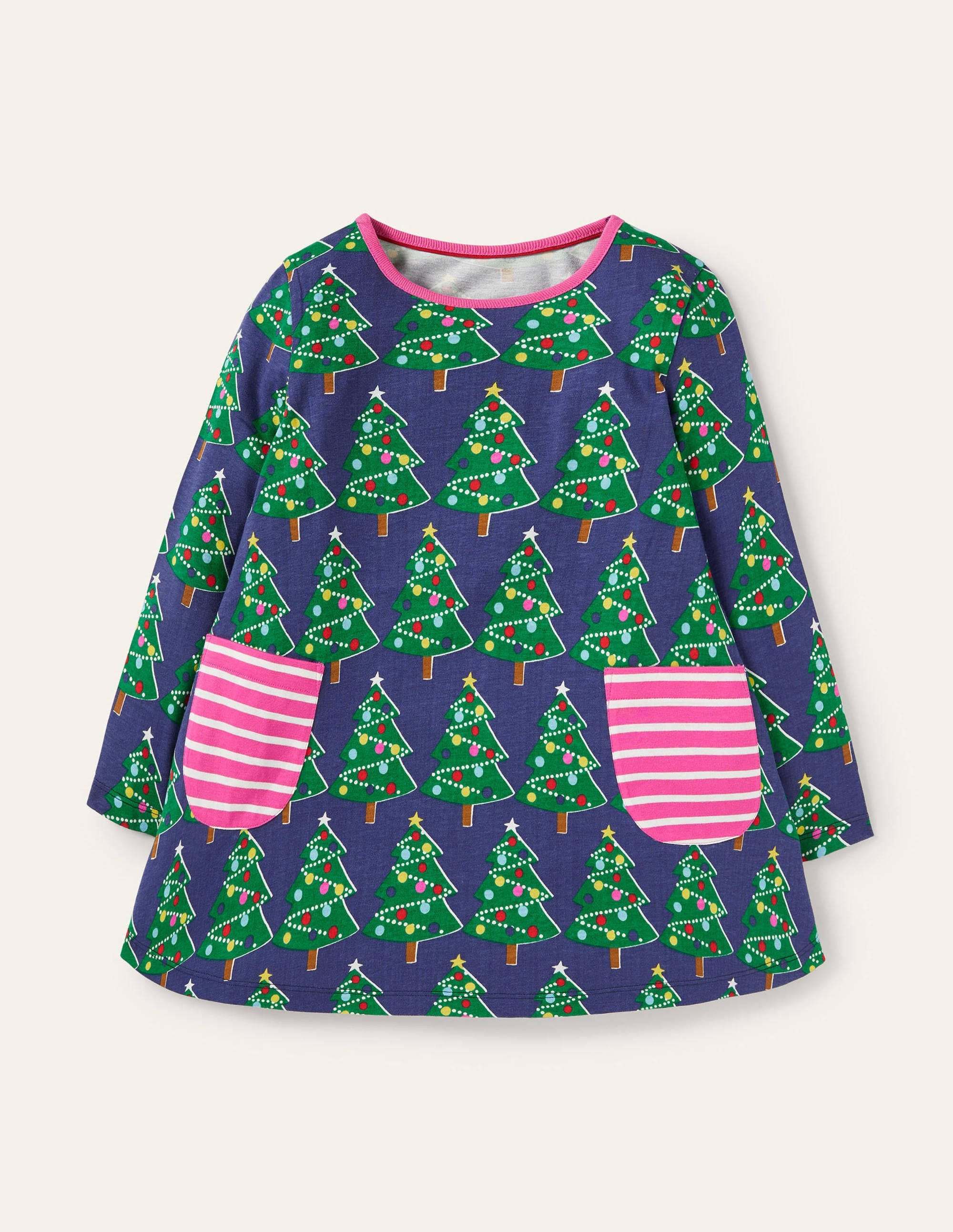 Printed Jersey Pocket Tunic-Starboard Blue Christmas Trees - Image 1