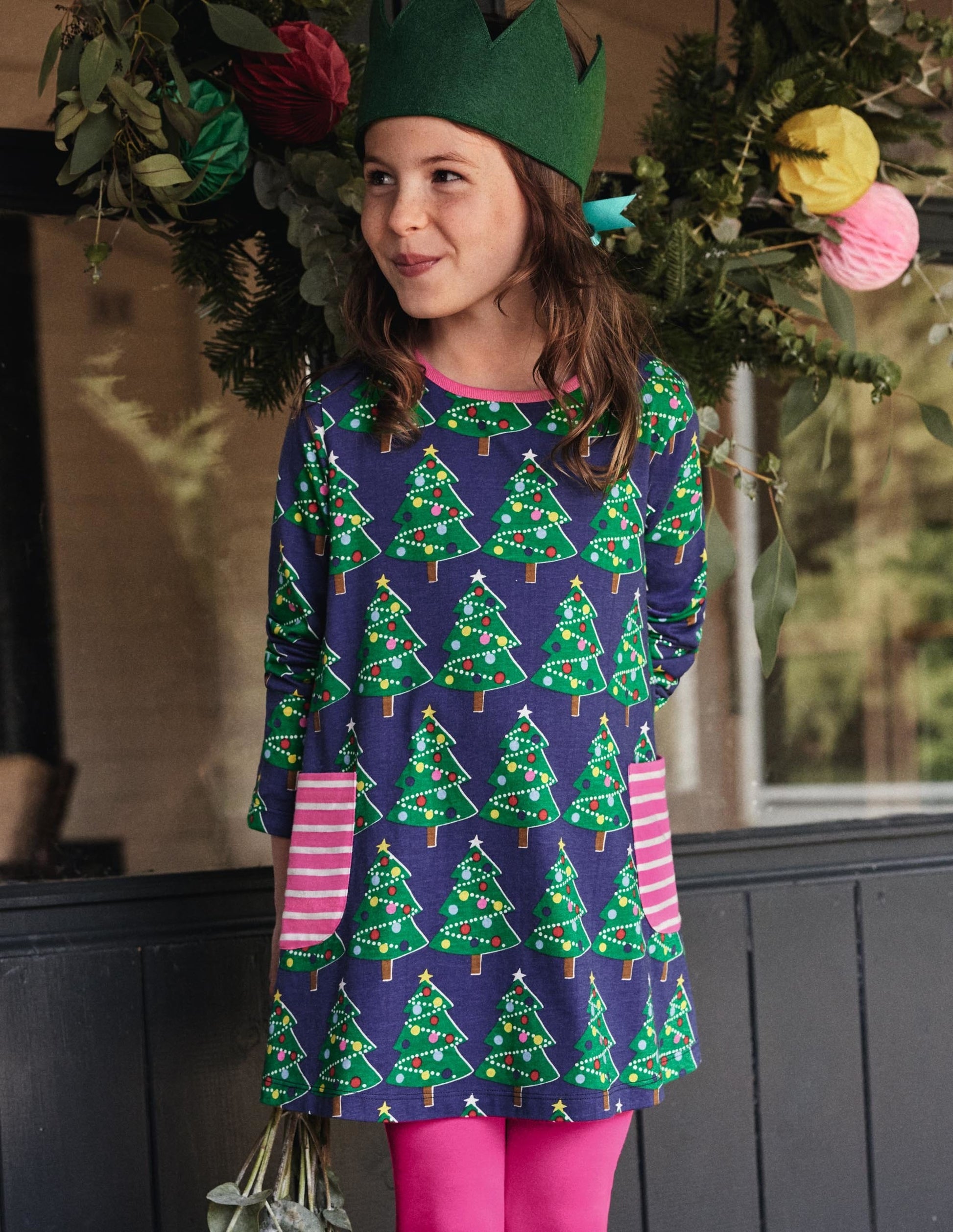 Printed Jersey Pocket Tunic-Starboard Blue Christmas Trees-4