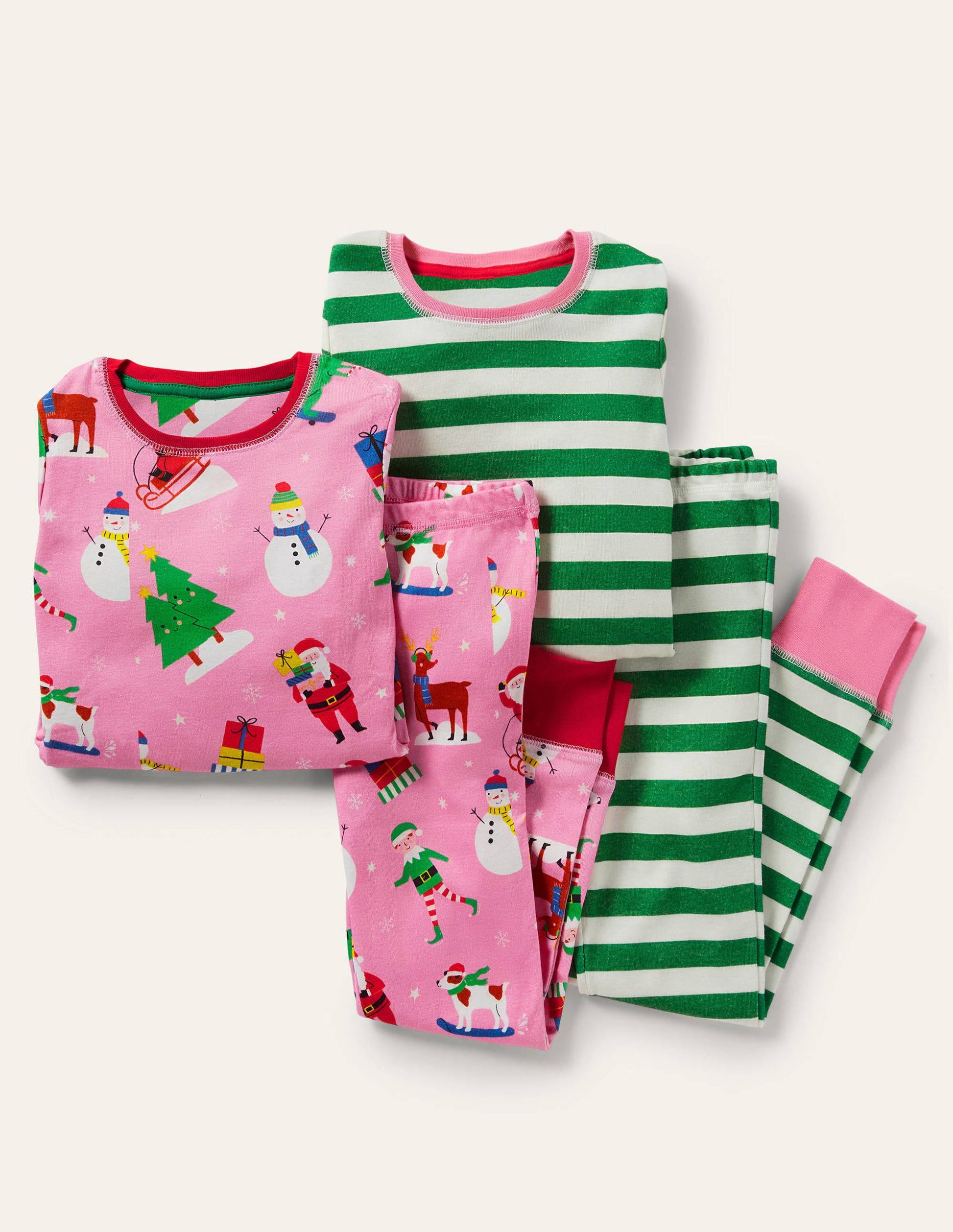 Twin Pack Snug Pajamas-Pink Festive Friends/Green-1