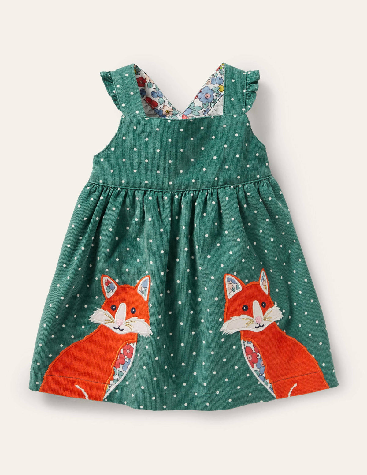 Spotty Appliqué Cord Pinnie-Sardinia Green Foxes - Image 1