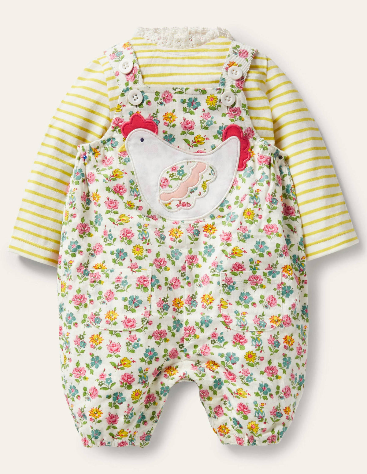 Cord Overalls Set-Ivory Patchwork Floral-1