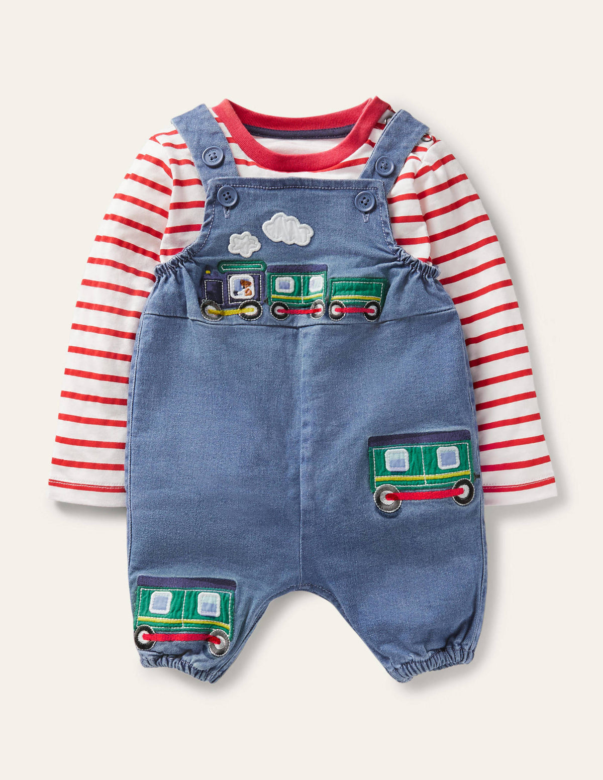 Fun Overalls Set-Chambray Denim Trains - Image 1
