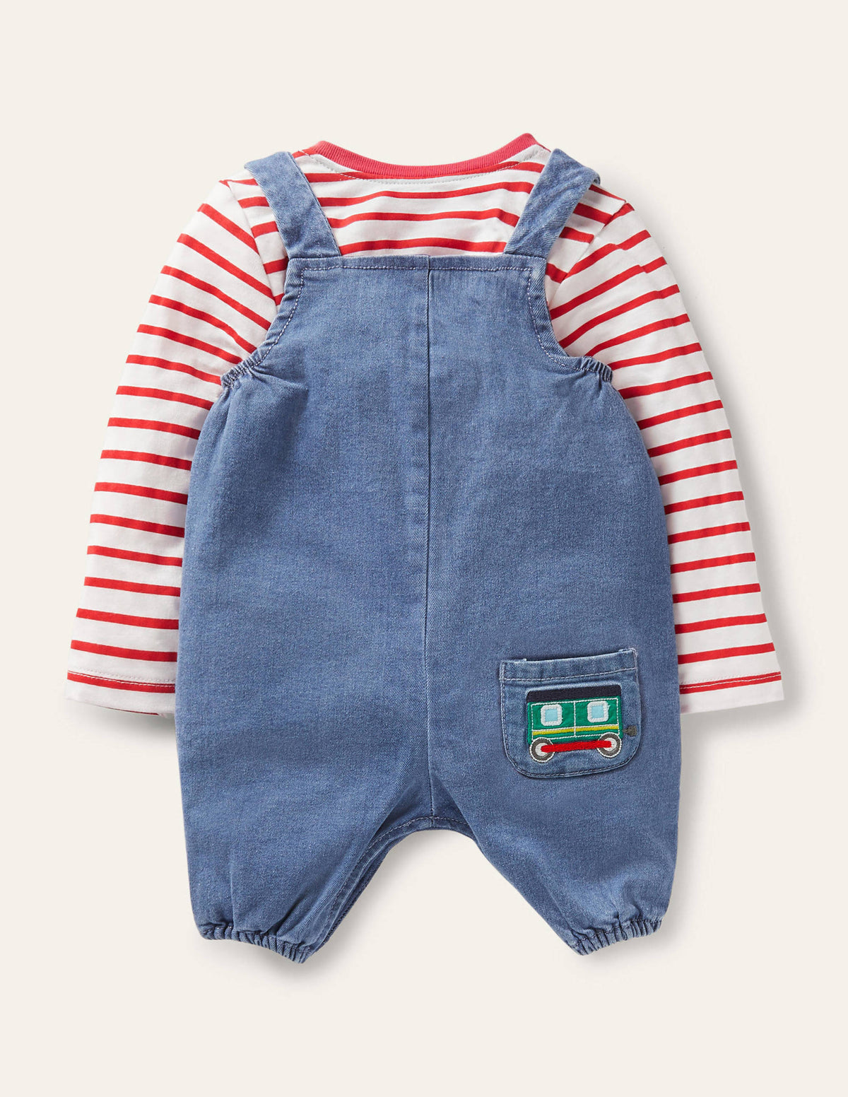 Fun Overalls Set-Chambray Denim Trains - Image 2