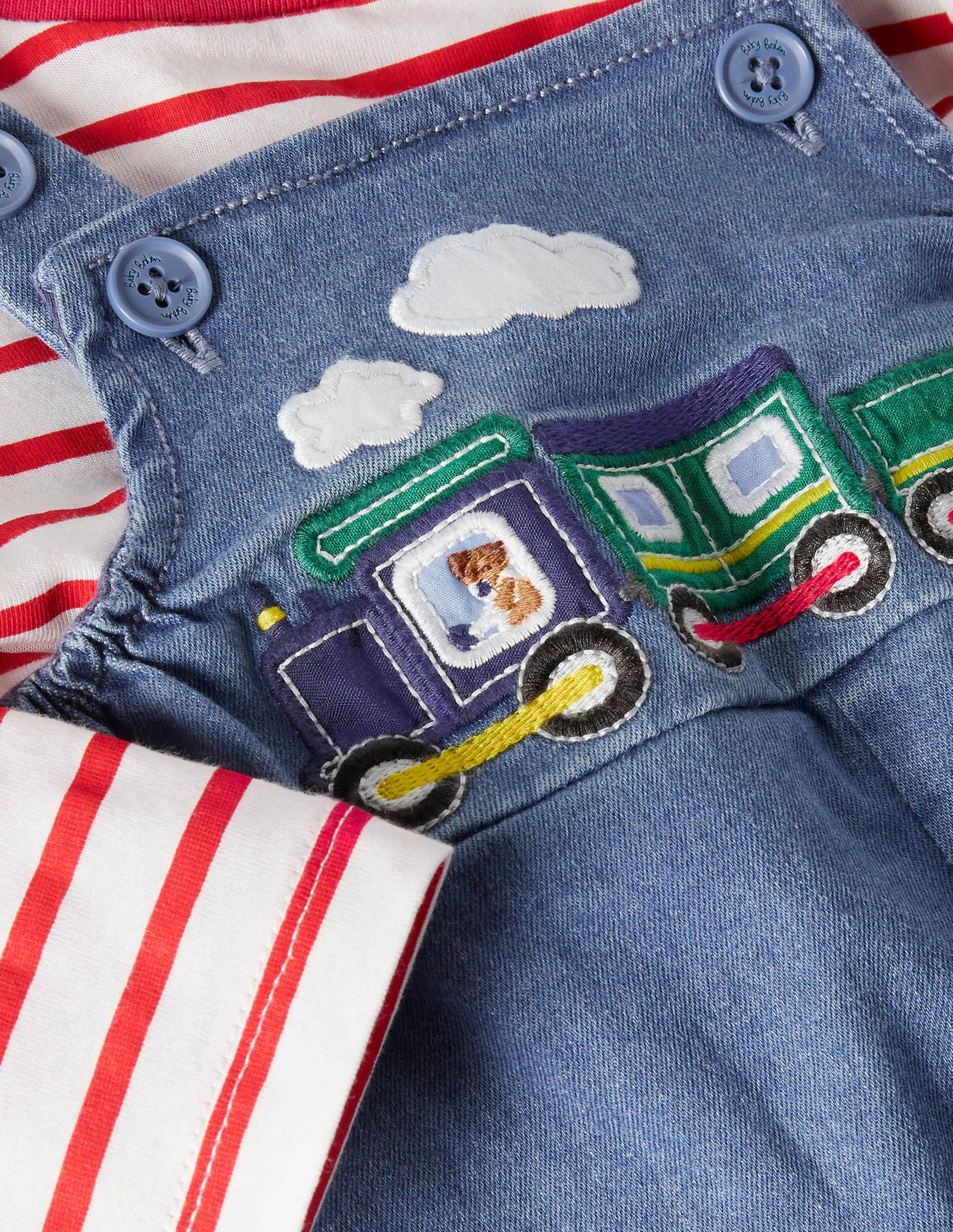 Fun Overalls Set-Chambray Denim Trains-3