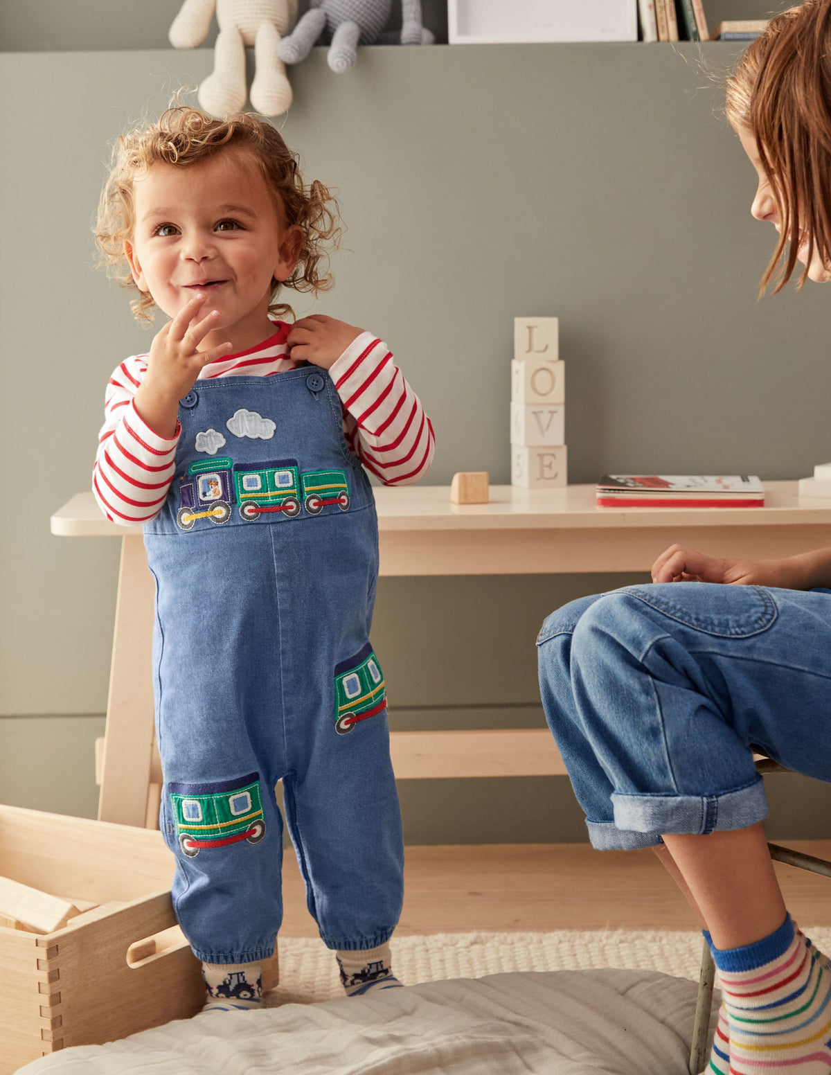 Fun Overalls Set-Chambray Denim Trains - Image 4