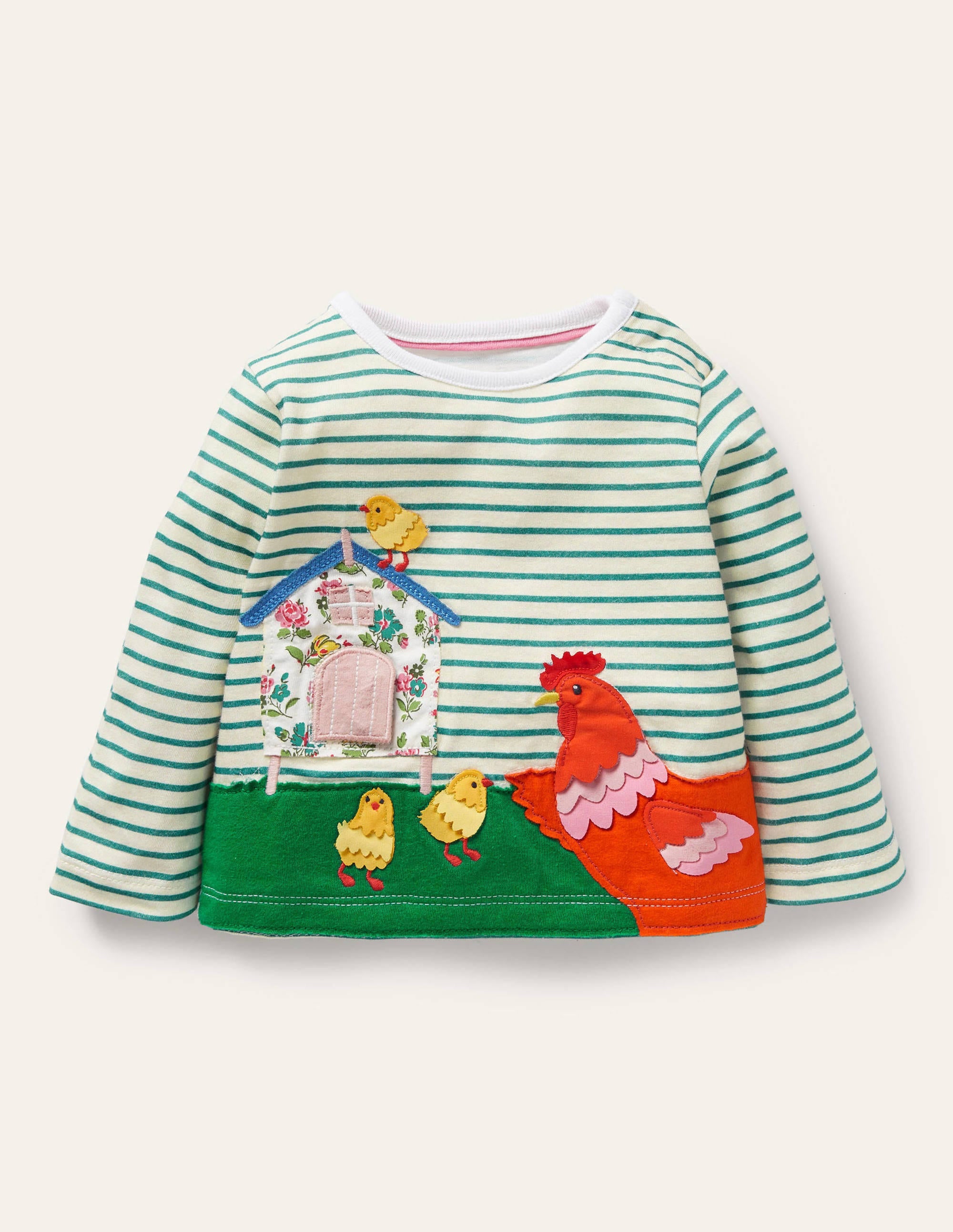 Stripy Lift-the-Flap T-shirt-Ivory/Brook Blue Chickens - Image 1