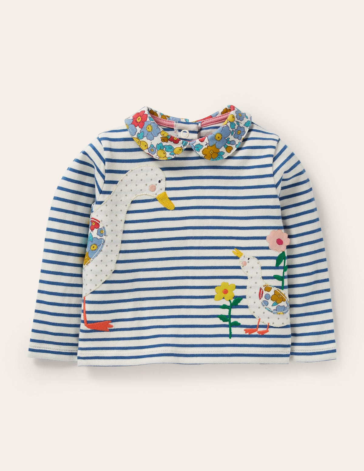 Big Appliqué Collared T-shirt-Ivory/Venice Blue Ducks - Image 1