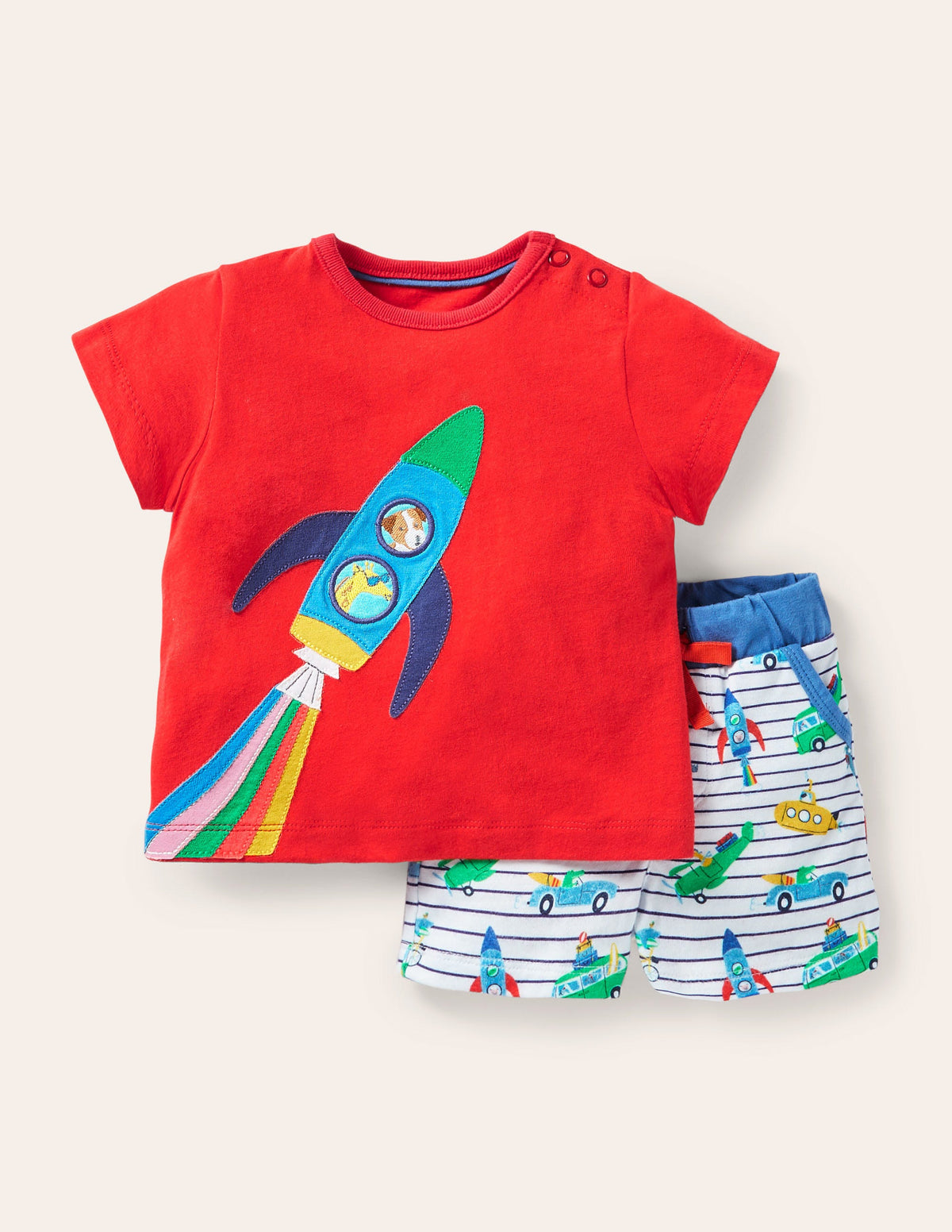 Vacation Appliqué Short Set-Ivory/Blue Animal Adventures-1