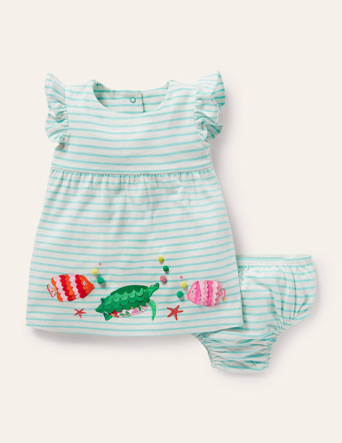 Striped Appliqué Jersey Dress-Ivory/Georgian Blue Fish - Image 1