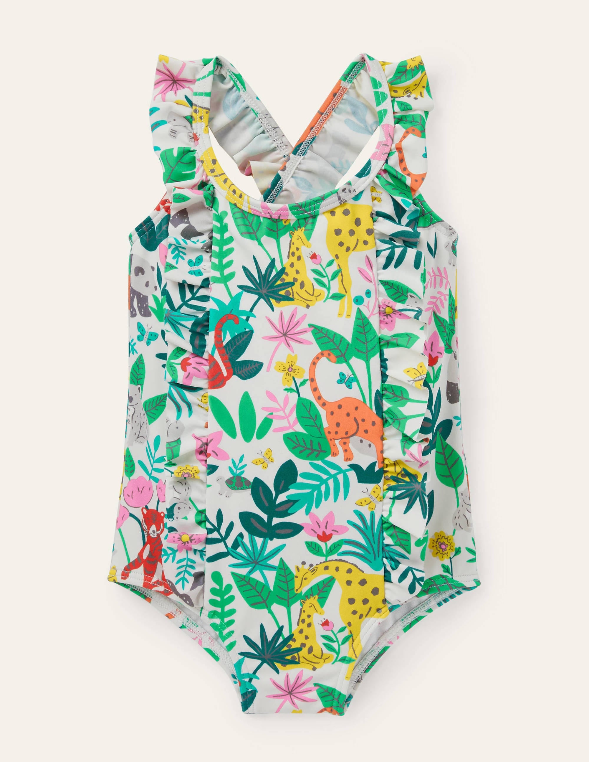Frilly Cross-back Swimsuit-Multi Jungle Friends - Image 1
