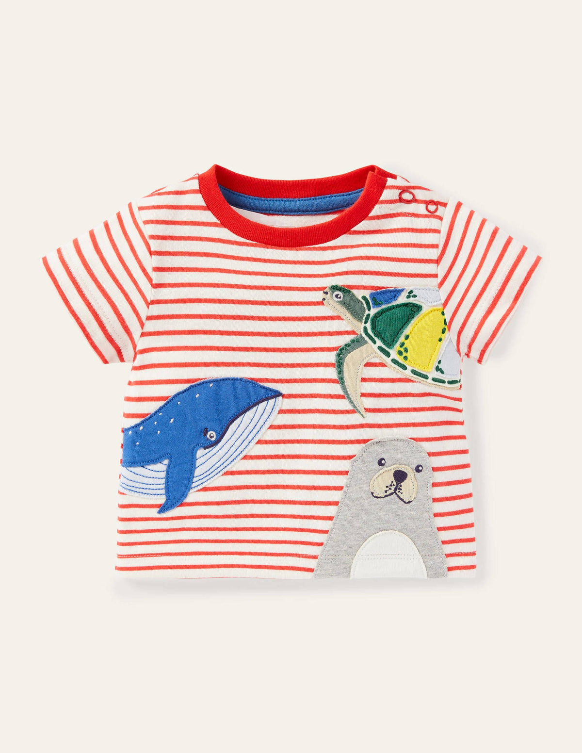Peeking Animals Stripy T-shirt-Ivory/Red Under the Sea-1