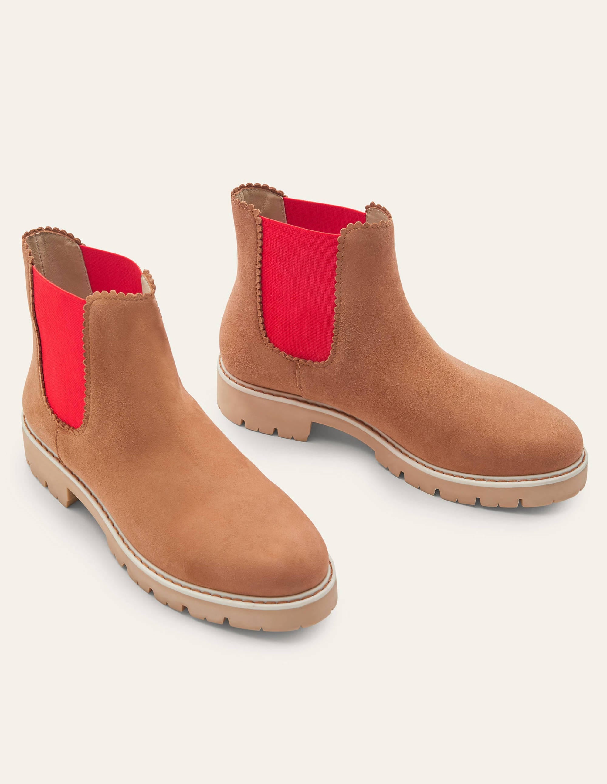 Scallop Detail Chelsea Boots-Tan/Cherry Red - Image 1