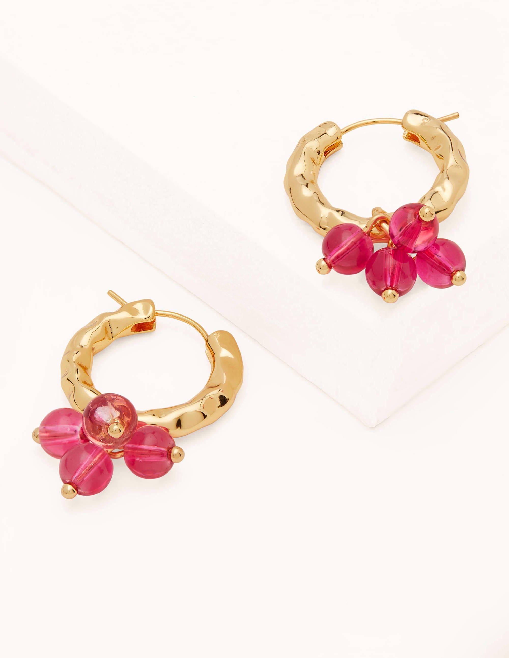 Hammered Beaded Hoop Earrings-Pink - Image 1
