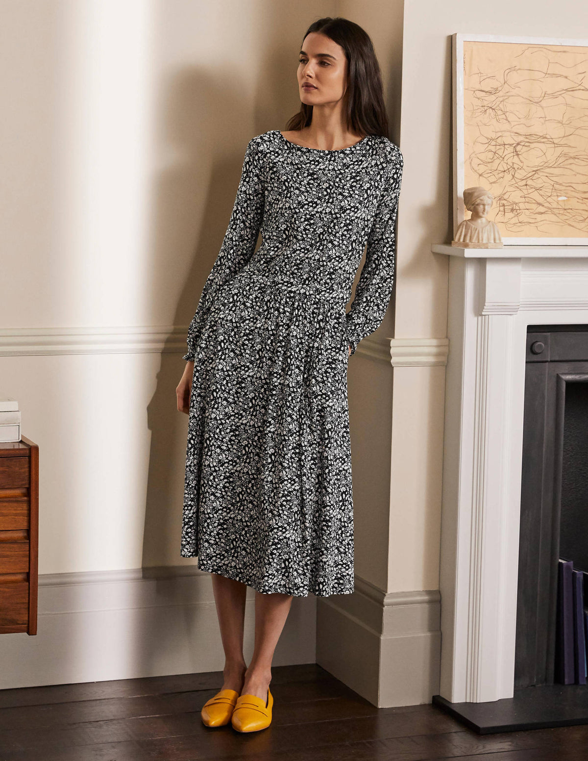 Evelyn Jersey Midi Dress-Black, Floral Cascade-4