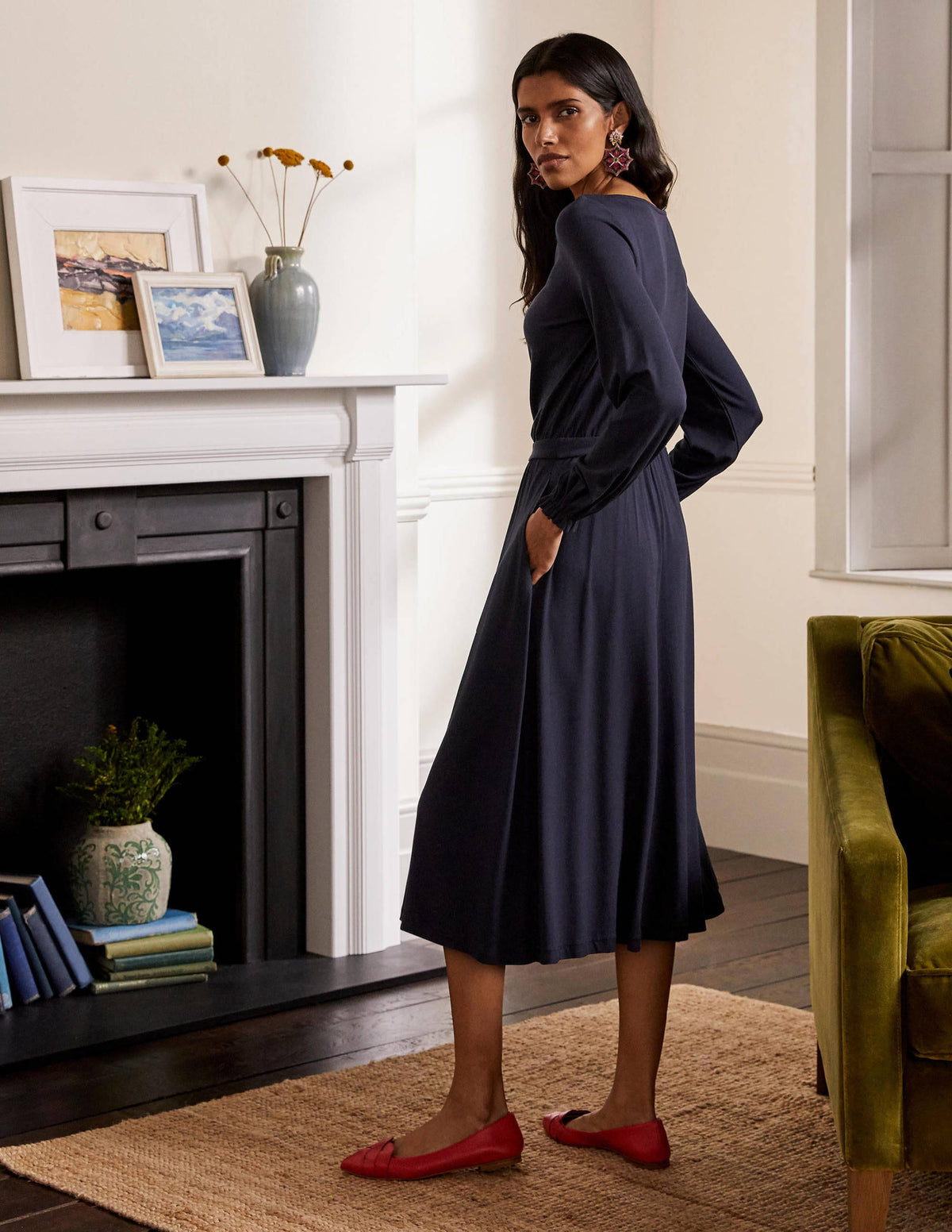 Evelyn Jersey Midi Dress-Navy-3