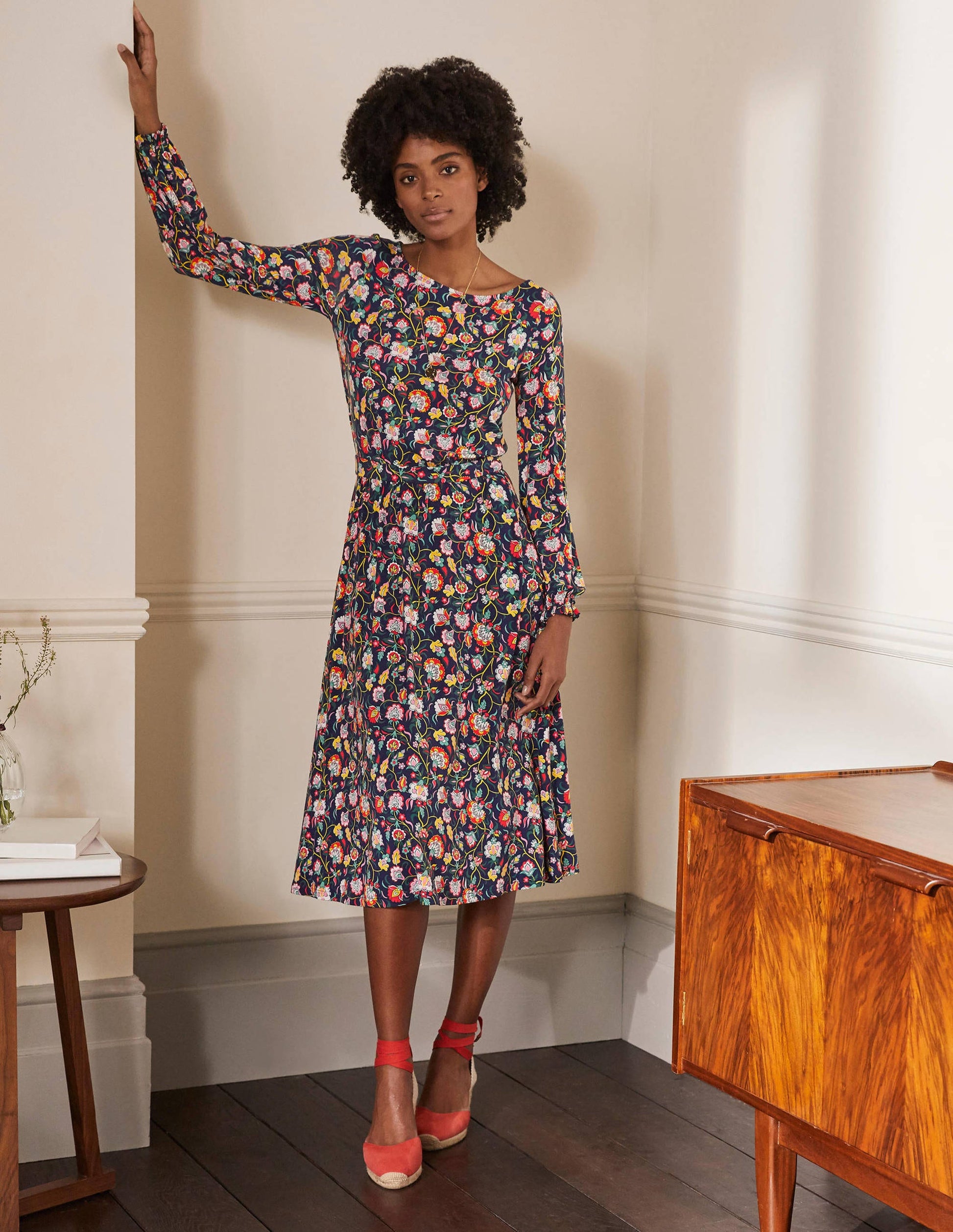 Evelyn Jersey Midi Dress-French Navy, Opulent Floral-1